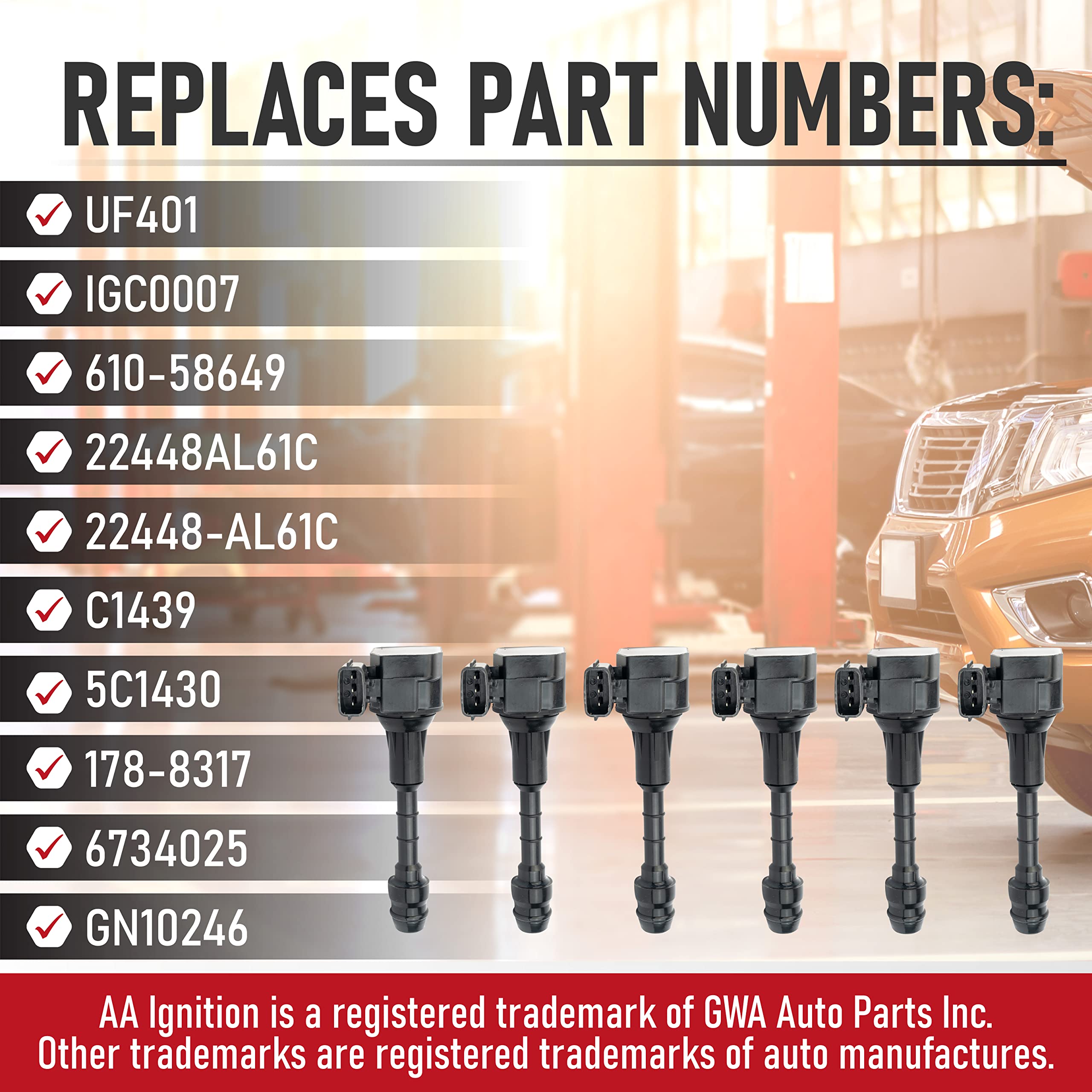 Ignition Coil Pack Set of 6 - Compatible with Infiniti FX35, G35, M35 & Nissan 350Z Vehicles - Replaces 22448-AL61C, UF401, IGC0007, 6734025, 22448AL615 - Year Models 2000-2008 - 3.5L V6 Coils  - Very Good