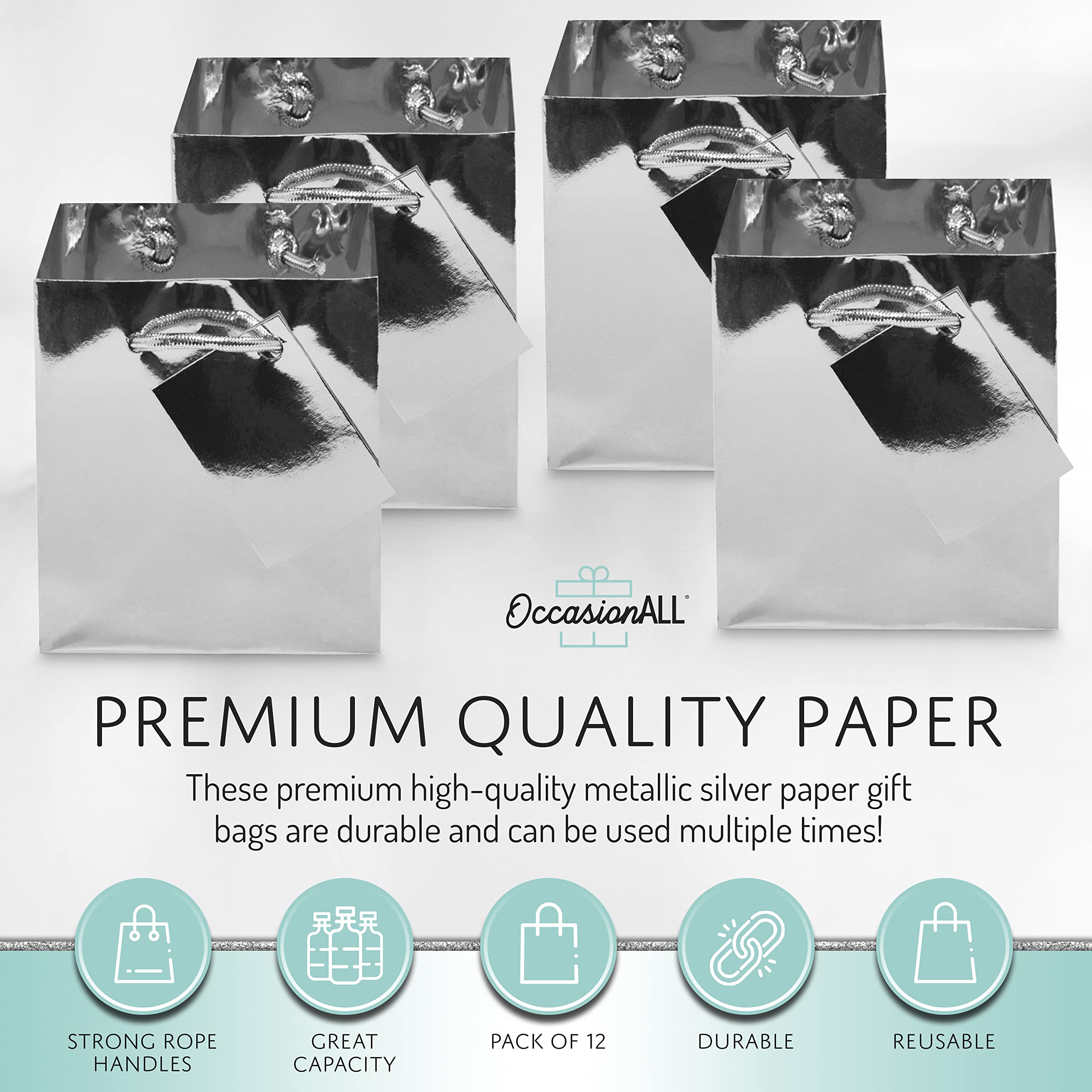 4x2.75x4.5" 12 Pcs. Small Metallic Silver Paper Gift Bags with Metallic Handles, Party Favor Bags for Birthday Parties, Weddings Gifts  - Acceptable