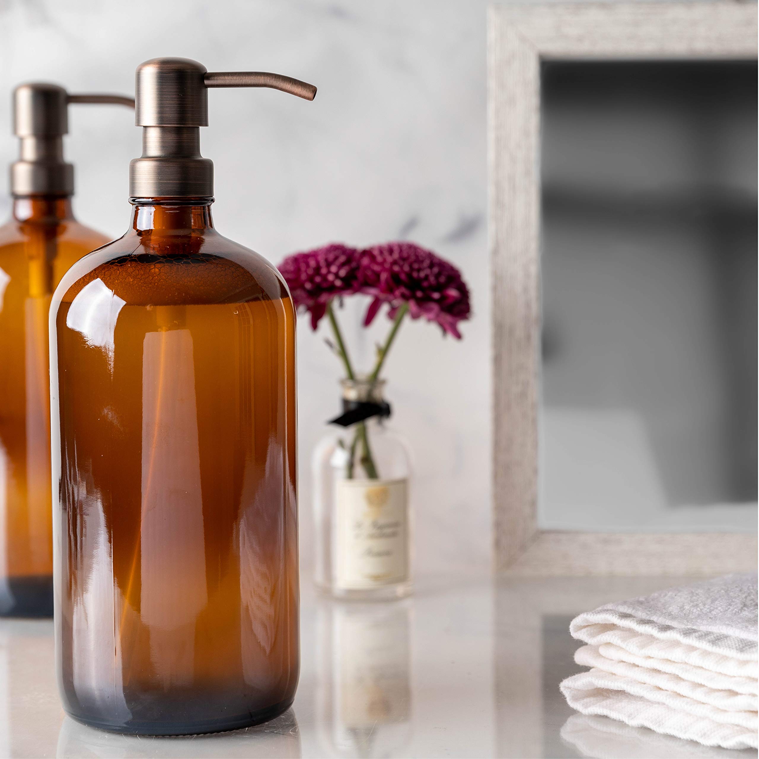 kitchentoolz Large Pump Bottle - 32 Ounce Glass Shampoo and Soap Dispenser - Amber