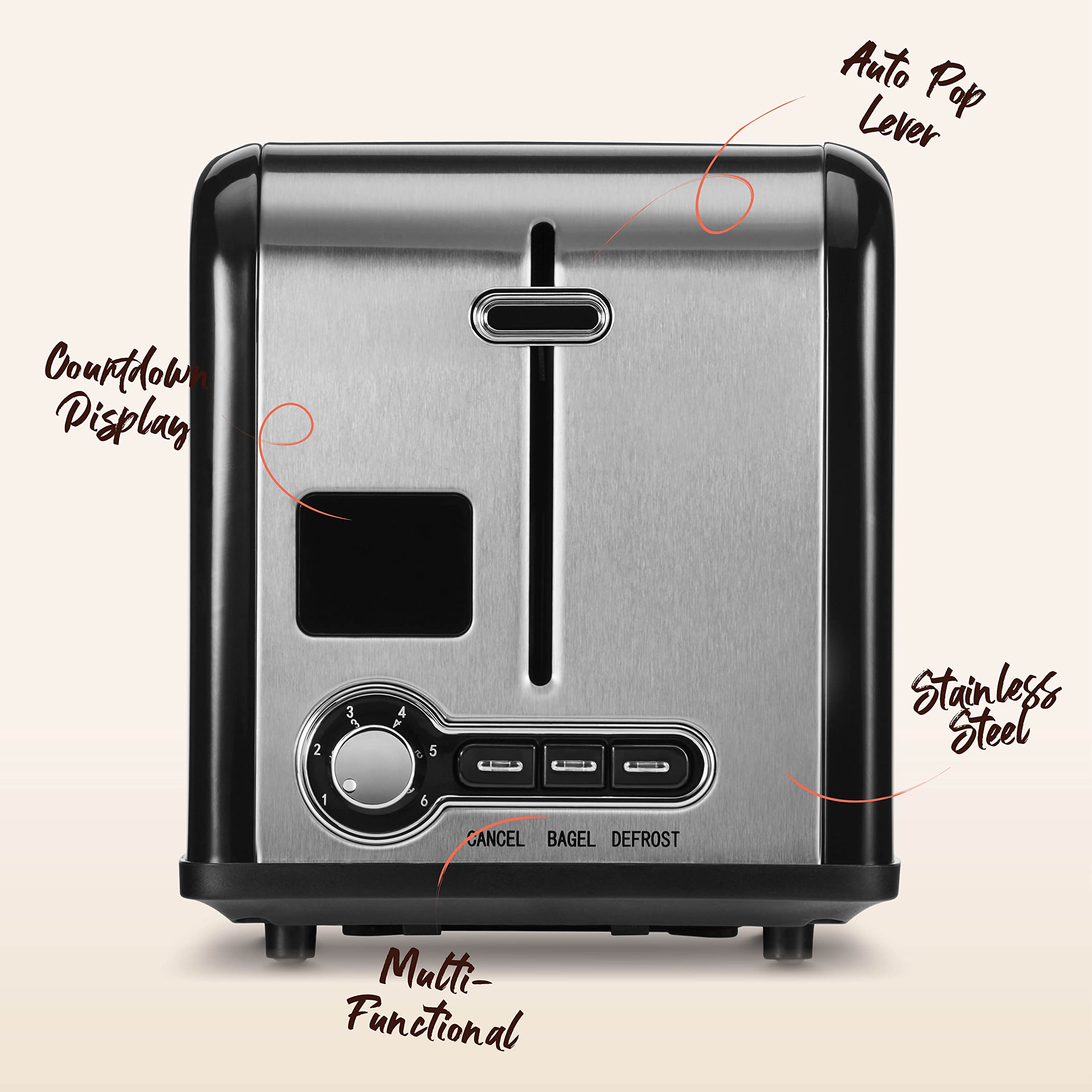 Peach Street Slice Toaster Compact Bread Toaster with Digital Countdown, Wide Slots, Auto-Pop Stainless Steel, 6 Browning Levels, Removable Crumb Tray, with Defrost, Bagel, and Cancel Function  - Acceptable