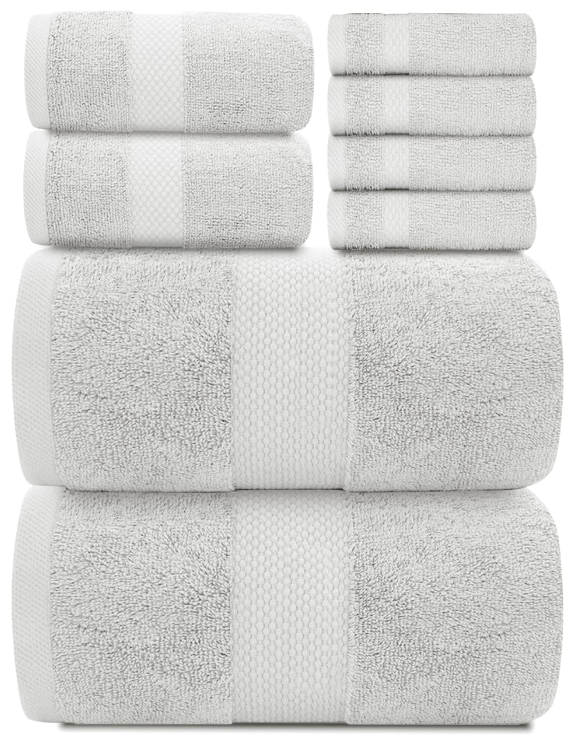 White Classic Luxury Silver Bath Towel Set - Combed Cotton Hotel Quality Absorbent 8 Piece Towels | 2 Bath Towels | 2 Hand Towels | 4 Washcloths [Worth $72.95] 8 Pack | Silver