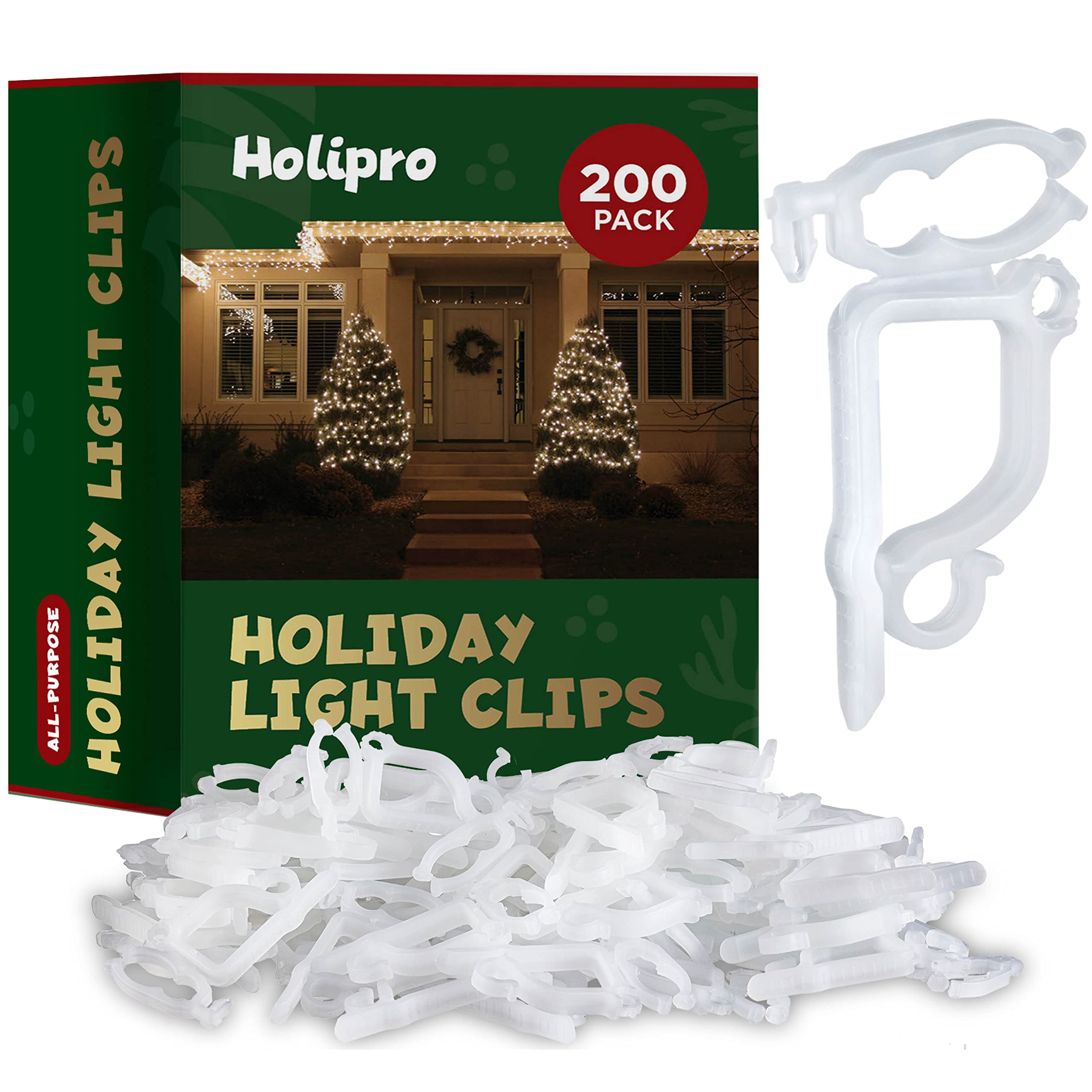 All-Purpose Holiday Light Clips [Set of 200] Christmas Light Clips, Outdoor Light Clips - Mount to Shingles & gutters - Works with Mini, C6, C7, C9, Rope, Icicle Lights - No Tools Required - USA Made  - Very Good