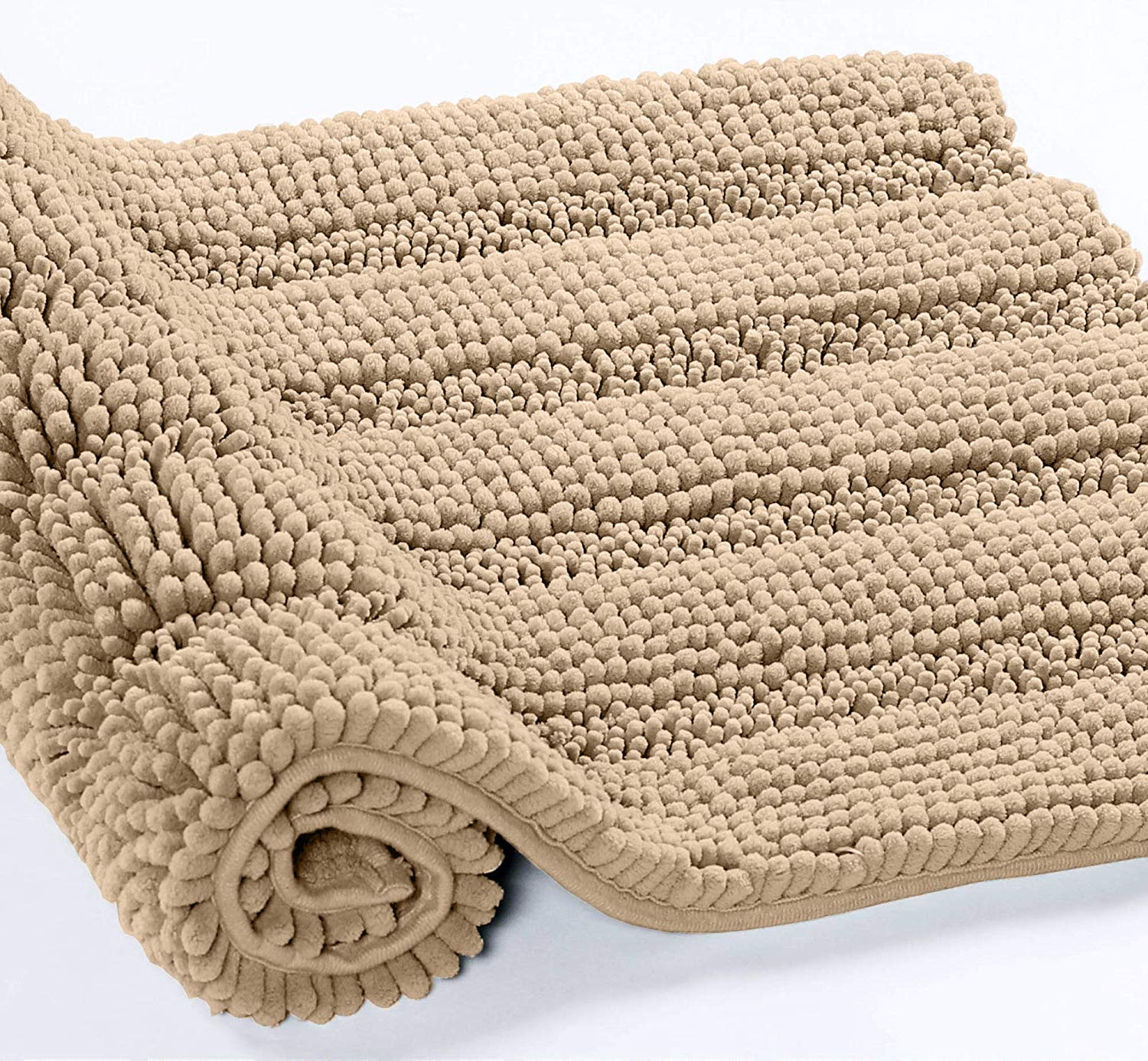 Zebrux Brown Bathroom Rugs Non Slip Thick Shaggy Chenille, Bath Mats for Bathroom Extra Soft and Absorbent - Striped Bath Rugs Set for Indoor/Kitchen  - Good