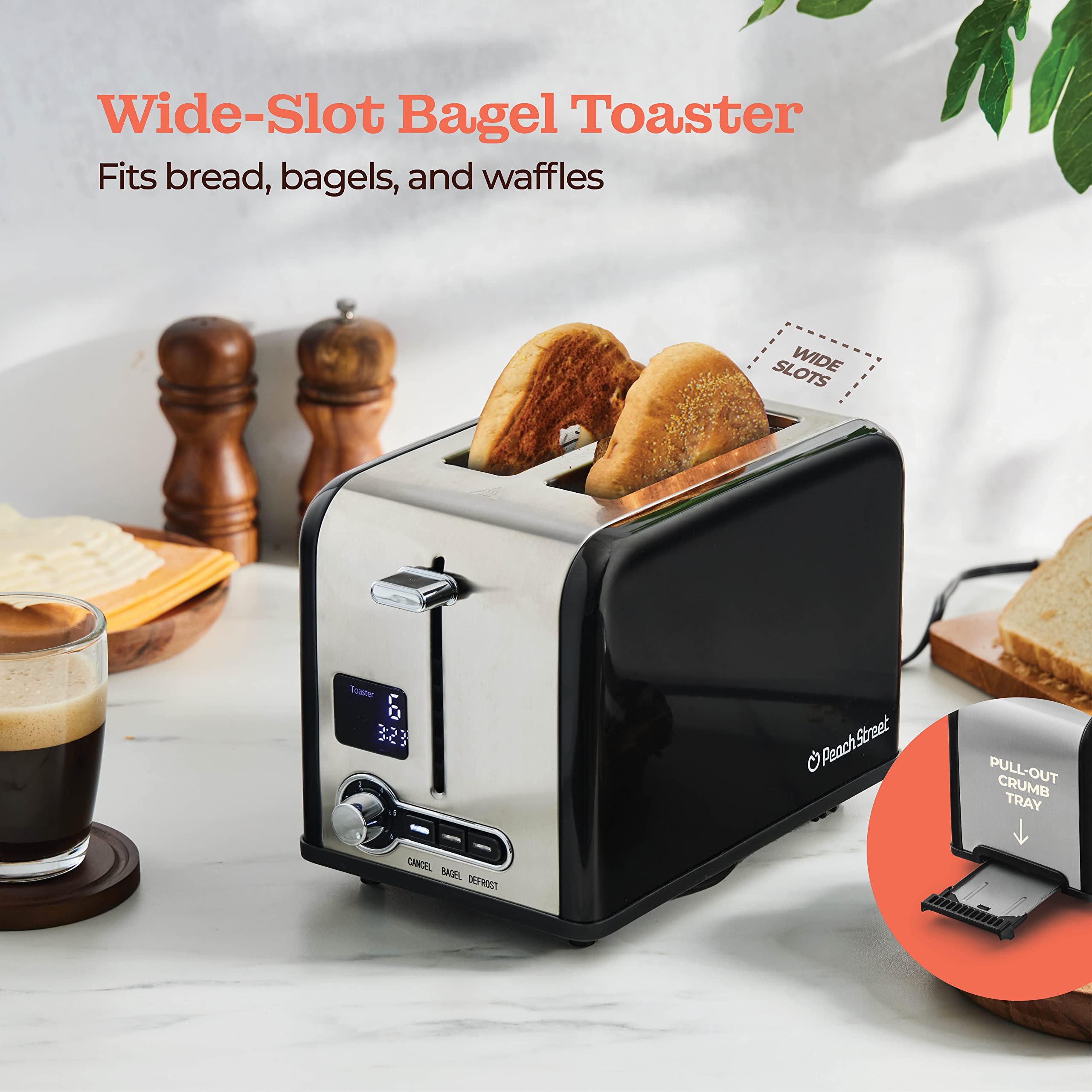 Peach Street Slice Toaster Compact Bread Toaster with Digital Countdown, Wide Slots, Auto-Pop Stainless Steel, 6 Browning Levels, Removable Crumb Tray, with Defrost, Bagel, and Cancel Function  - Good