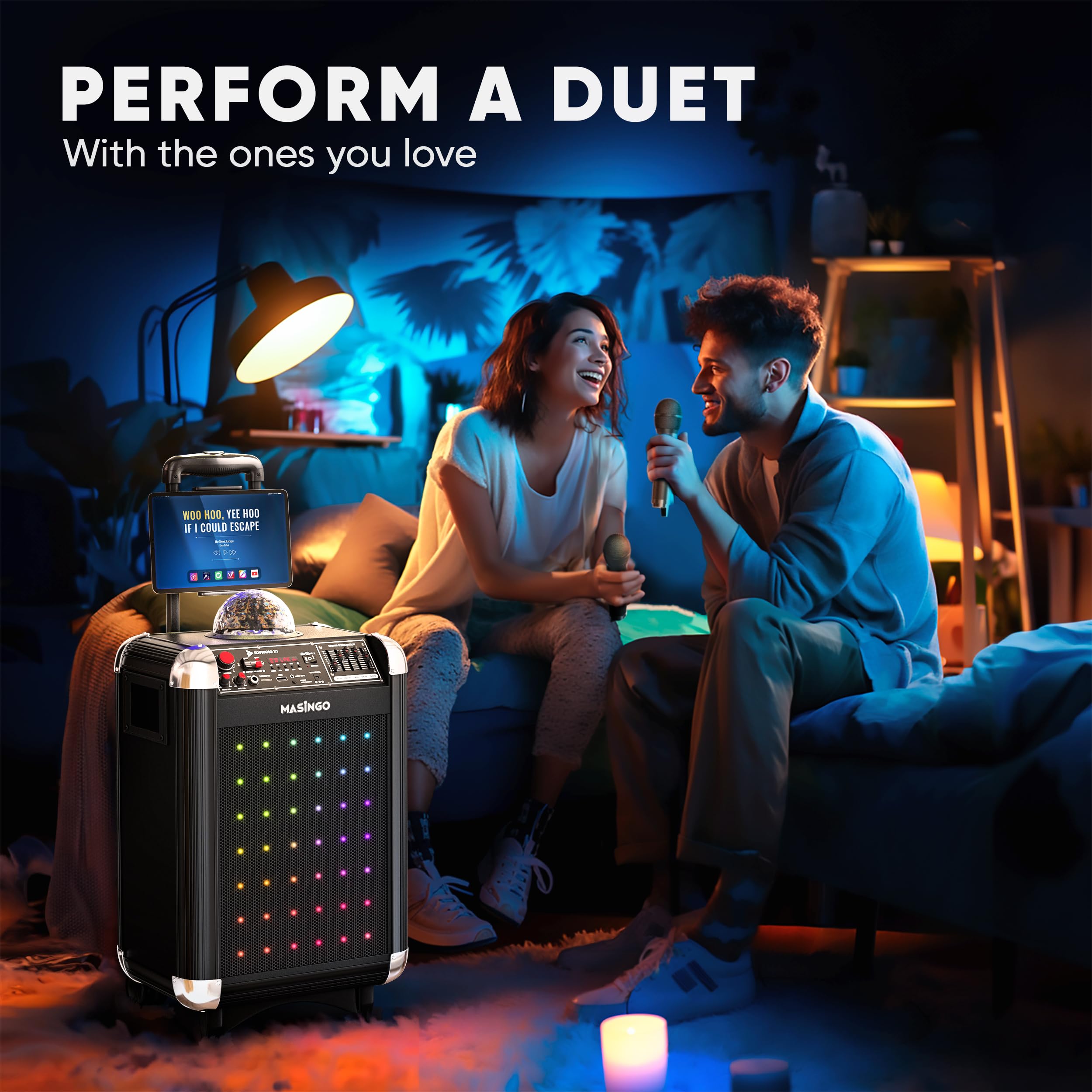 MASINGO Karaoke Machine for Adults and Kids with 2 Bluetooth Wireless Microphones. Portable Singing PA Speaker System with Disco Ball Party Lights, Lyrics Display Tablet Holder & TV Cable. Soprano X1  - Like New