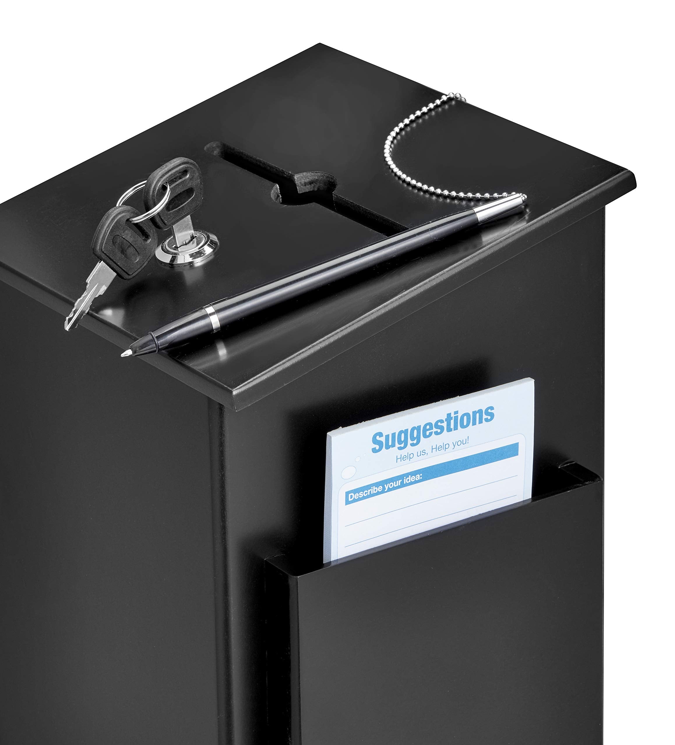 AdirOffice Square Wood Suggestion Box - Wall Mountable - with Lock & Chained Pen - Donation, Collection, Ballot, Key Drop,  - Like New