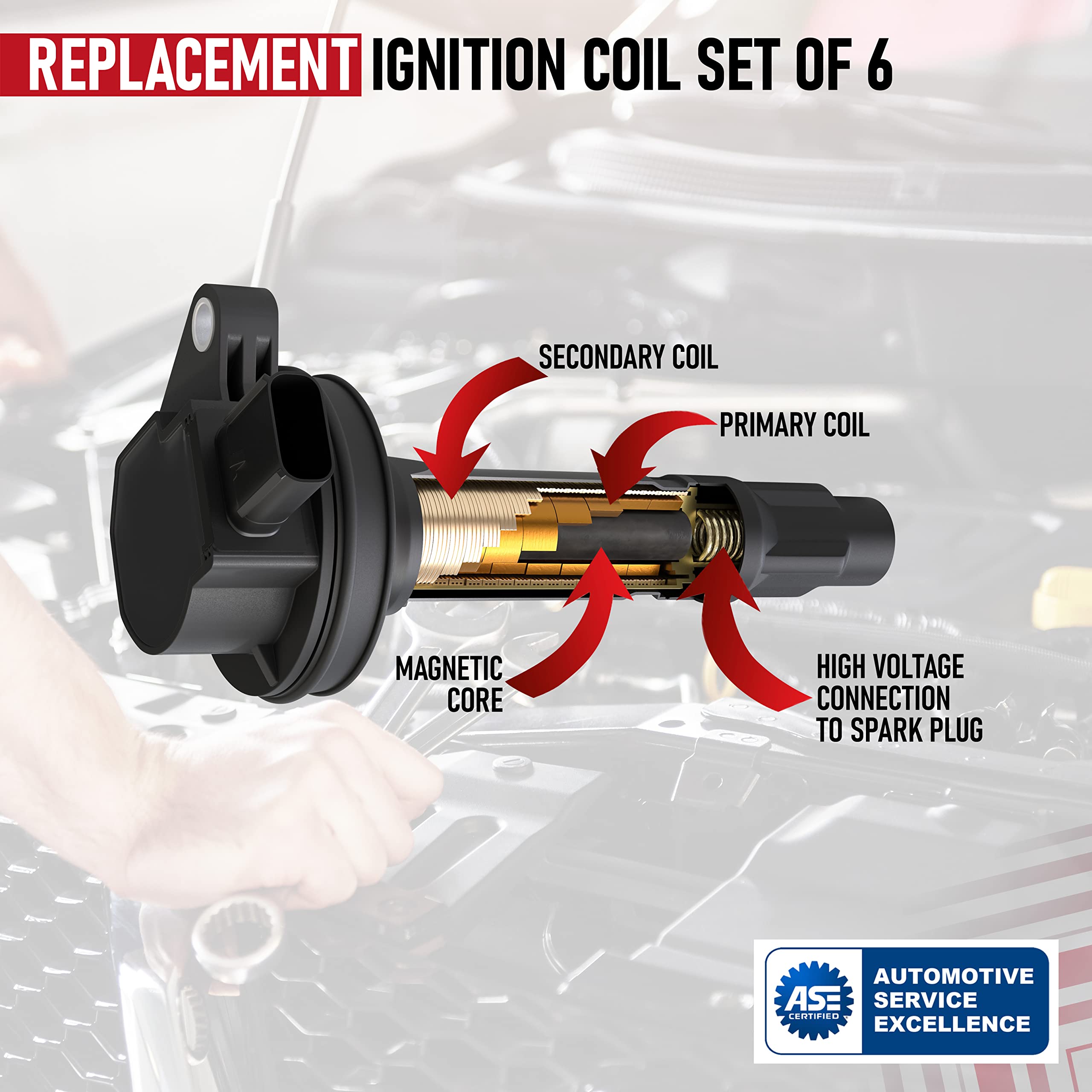 Ignition Coil Pack Set of 6 - Compatible with Ford, Mercury, Mazda & Lincoln Vehicles - 3.5L, 3.7L V6 Edge, F150, Explorer, Mustang, Taurus X, MKZ - Replaces 7T4E-12A375-EE, DG520, 7T4Z12029E, DG-520  - Very Good