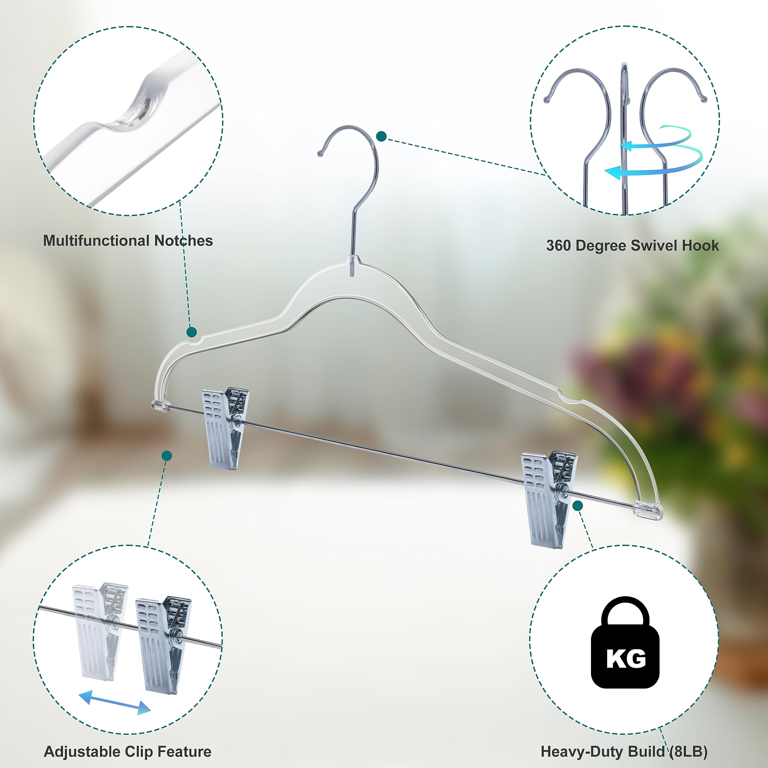 Title: Clear Plastic Pants Hangers with Clips Multi Pack | Heavy Duty Skirt Hangers Swivel Hook and Notches | Space Saving Acrylic Clip Hangers for Pants | Suitable for All Clothing | 16.5 Inch  - Like New