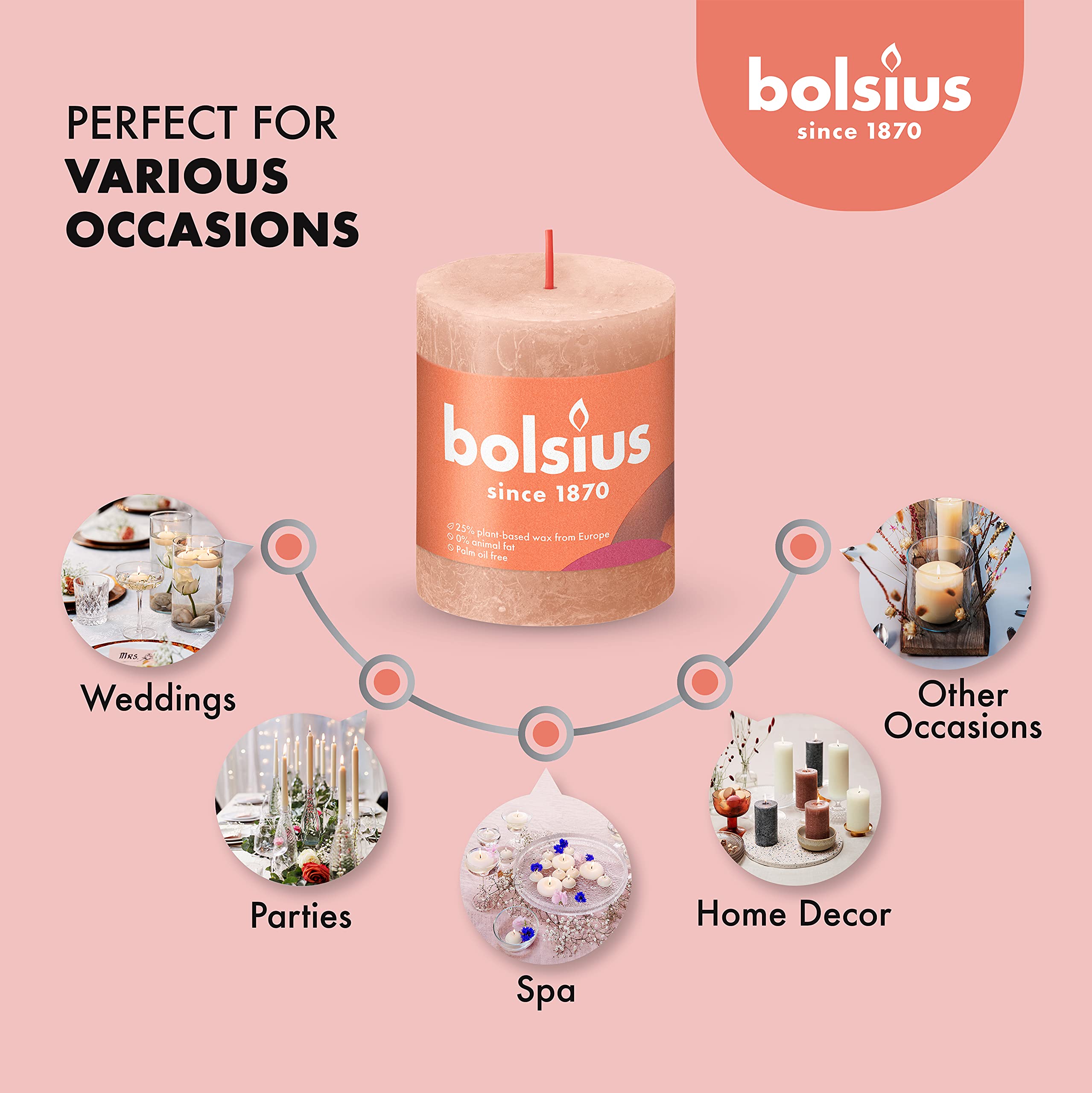 BOLSIUS 4 Pack Caramel Rustic Pillar Candles - 2.75 X 3.25 Inches - Premium European Quality - Includes Natural Plant-Based Wax - Unscented Dripless Smokeless 35 Hour Party and Wedding Candles  - Like New