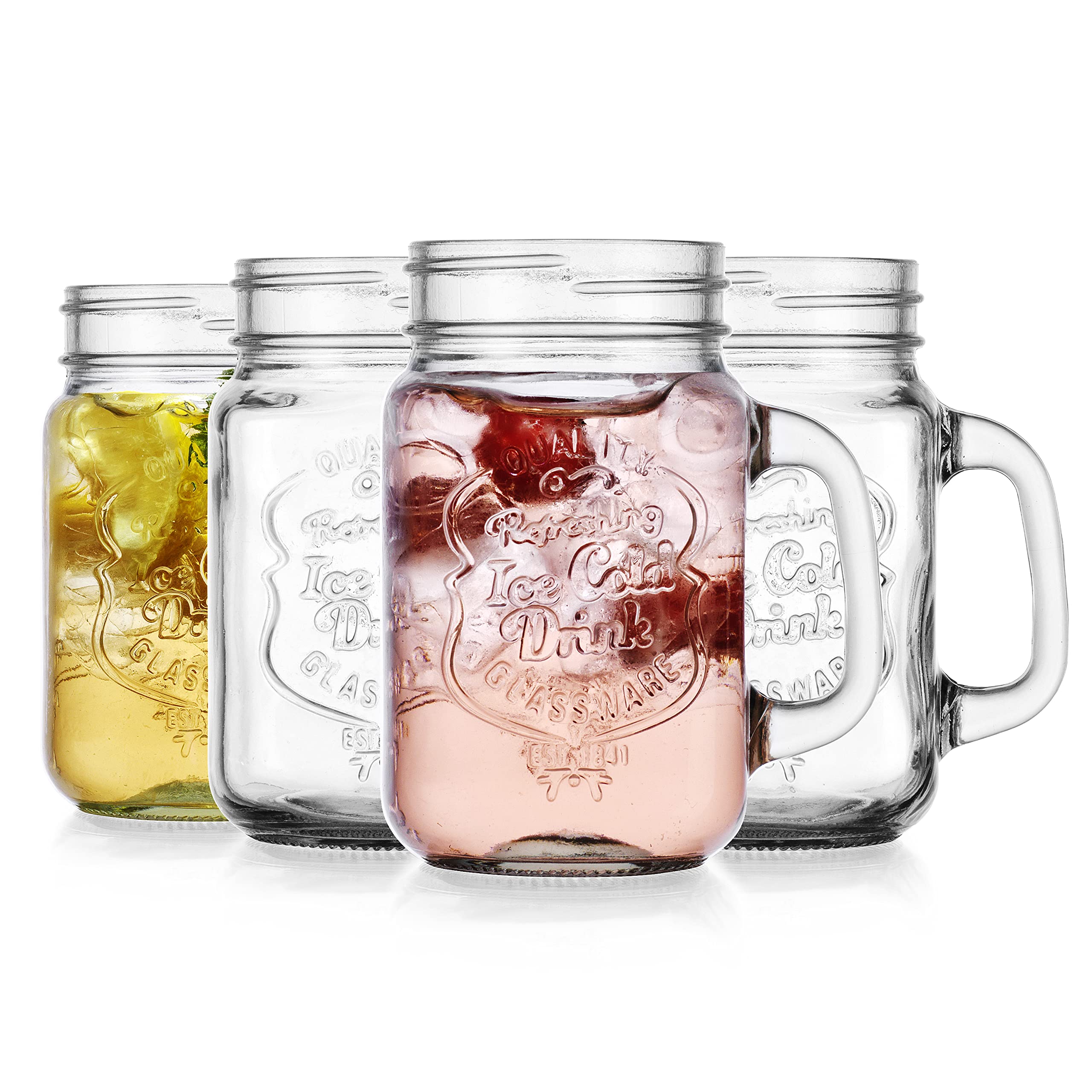 Glaver's Ice Cold 16 Oz. Mason Drinking Glasses With Handles. Quality Refreshing Ice Cold Embossed Logo Jars for Beverages, Cocktails, Shakes, Smoothies, Sodas, Juice.  - Like New