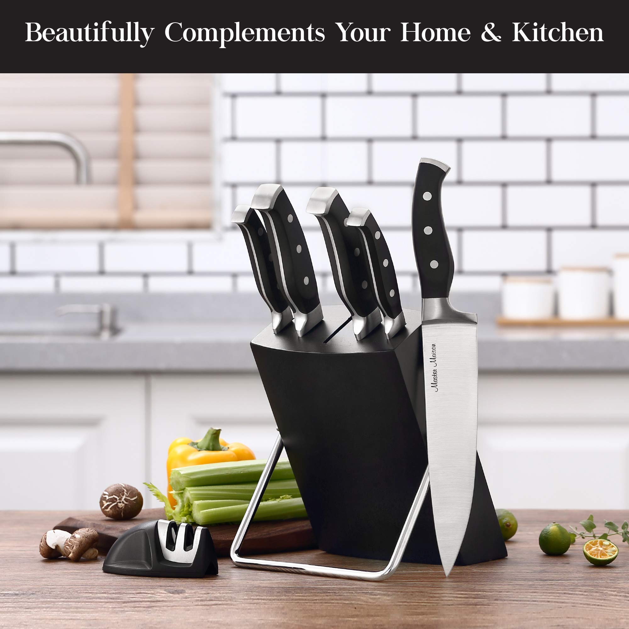 Premium Kitchen Knife Set With Wooden Block | Master Maison German Stainless Steel Cutlery With Knife Sharpener & 8 Steak Knives  - Very Good