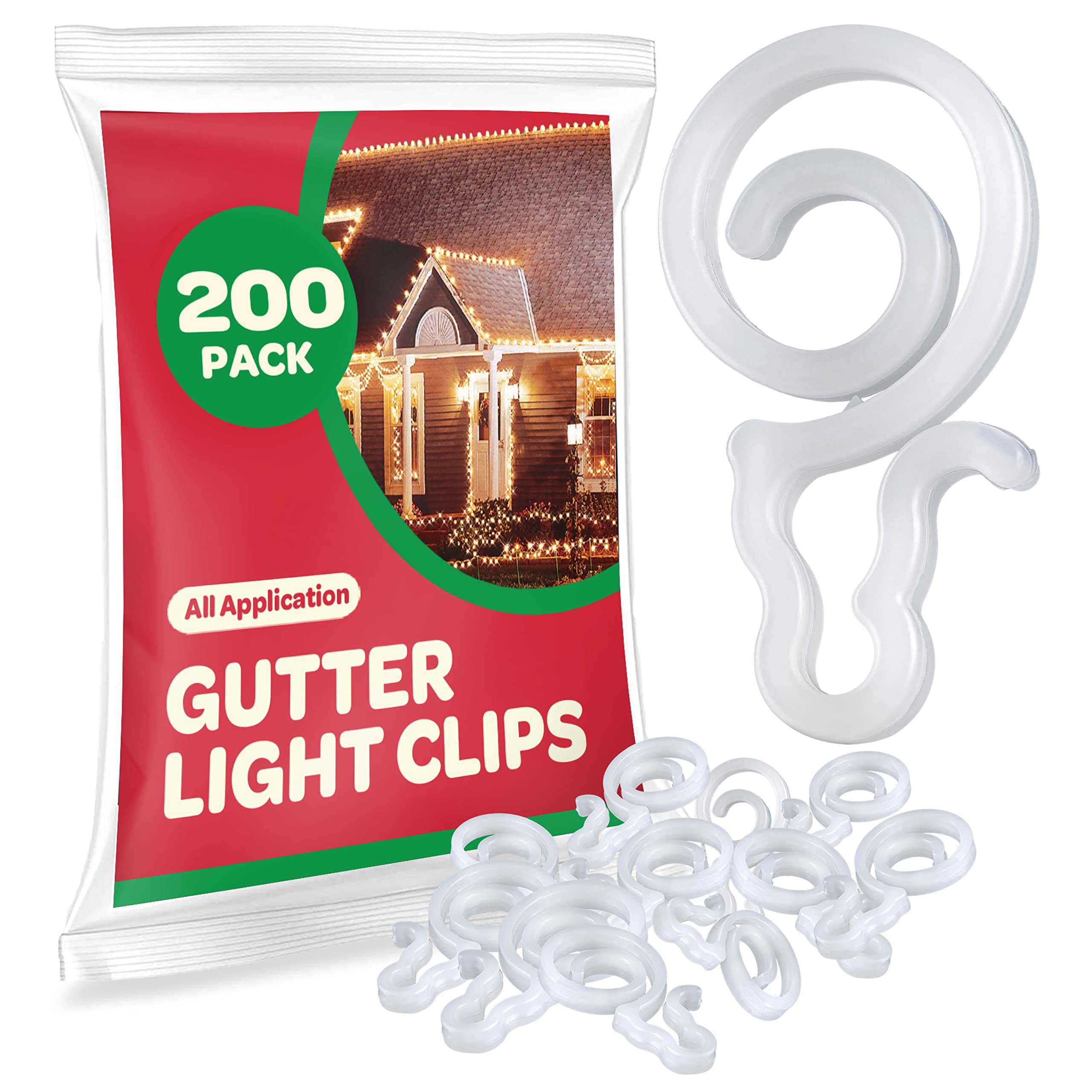 Gutter Light Clips [Set of 200] Gutter Light Clips, Hang By Cord All Type Outdoor Lights C5, C6, C7, C9, Mini, Icicle, Rope Lights. Christmas Light Clips Outdoor - No Tools Required - USA Made  - Very Good