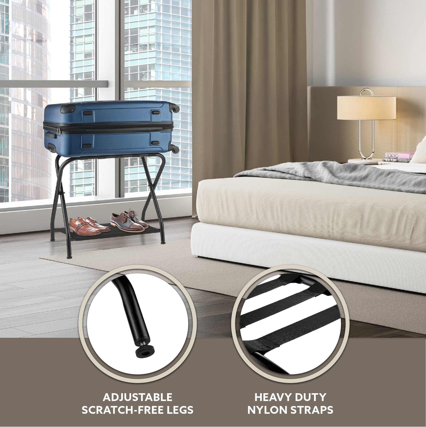 Bartnelli Folding Luggage Rack Collapsible Metal Suitcase Stand With Shelf  - Like New
