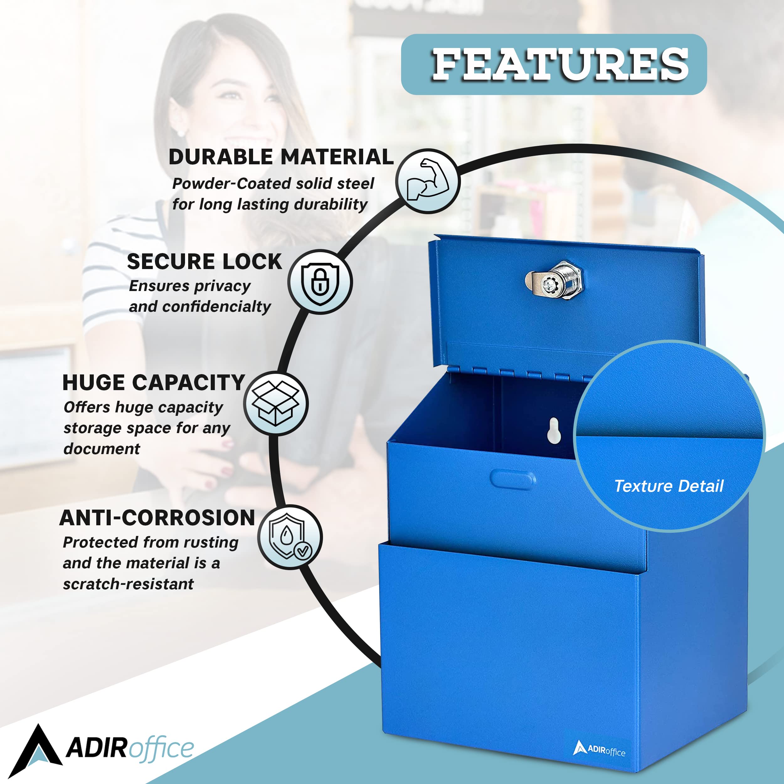 Adir Suggestion Box with Slot and Lock with 25 Comment Cards and Label Stickers, Wall Mounted Metal Donation Box for Fundraising, Tip Cash Drop Box for Money, Ballot Box Blue  - Very Good