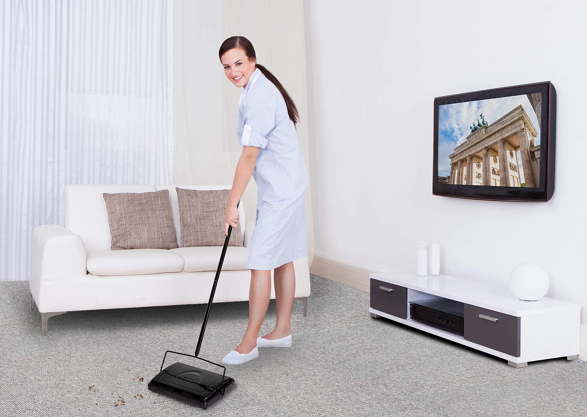 Alpine Industries Triple Brush Floor & Carpet Sweeper – Heavy Duty & Non Electric Multi-Surface Cleaner - Easy Manual Sweeping for Carpeted Floors (Black)  - Like New