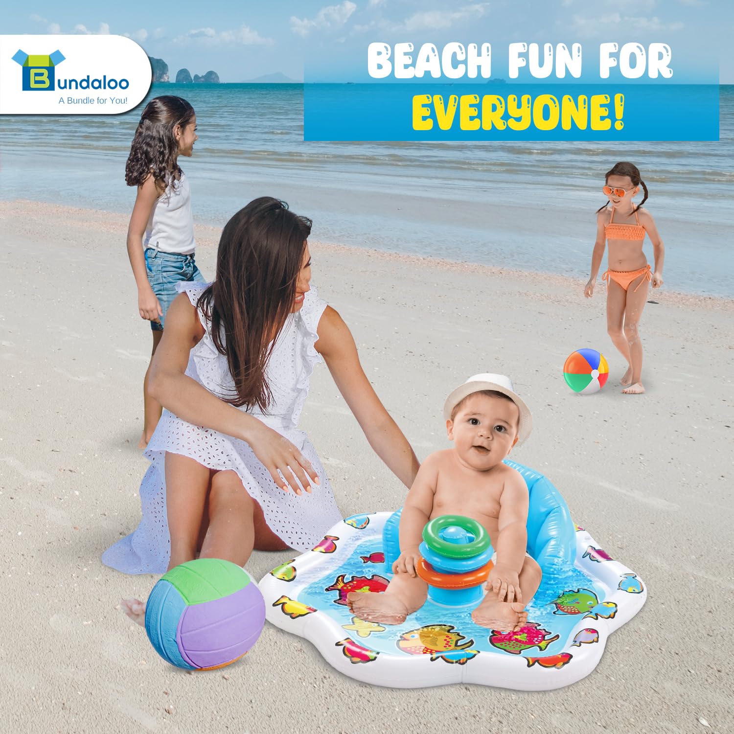 Bundaloo Infant Pool Splash Mat Inflatable with Backrest & Stackable Ring Toys | Summer Fun Activity for Baby Toddlers | Easy Setup  - Like New