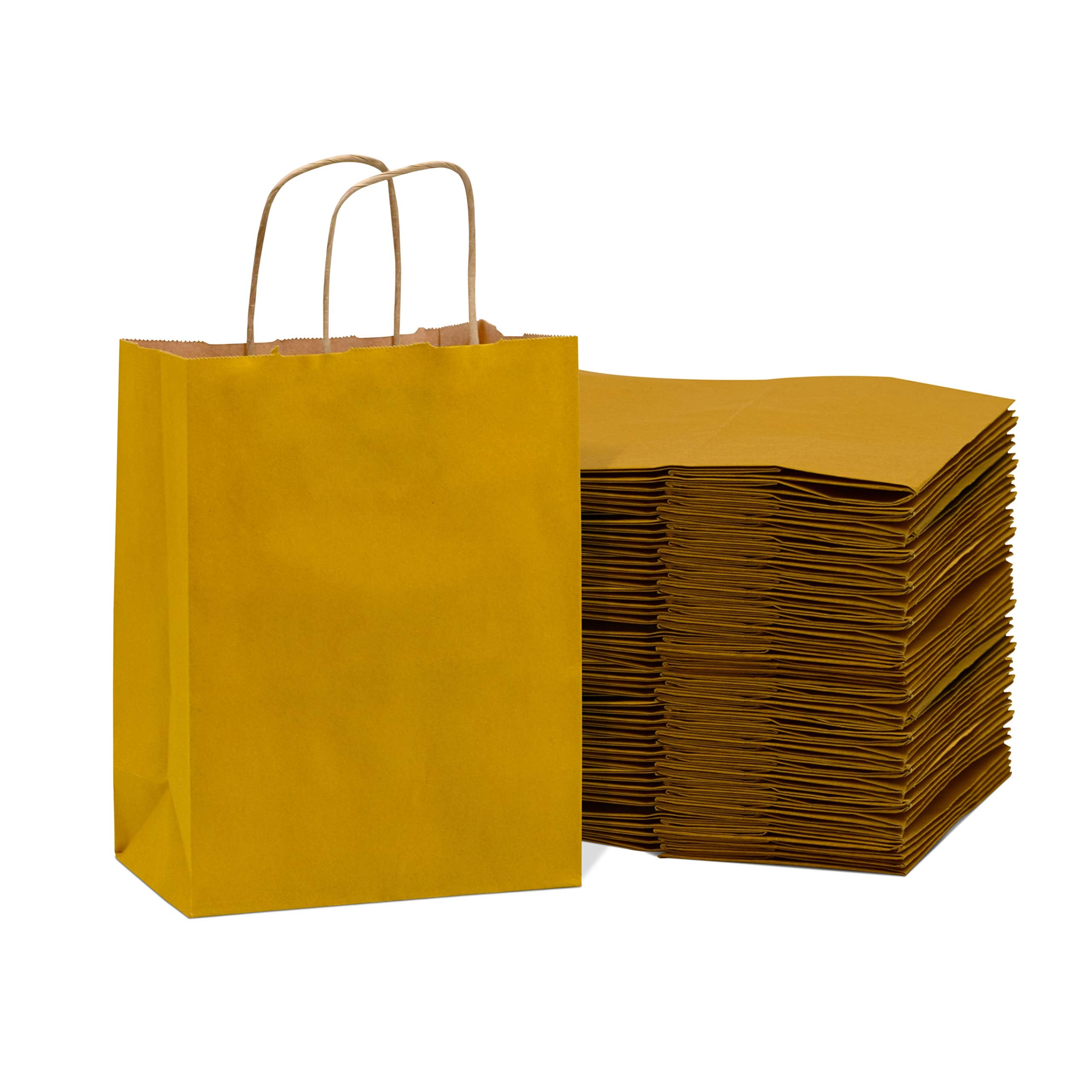 Prime Line Packaging 8x4x10 100 Pack Small Shopping Bags with Handles, Yellow Eco Friendly Gift Bags, Retail Paper Bags for Small Business, in Bulk  - Like New