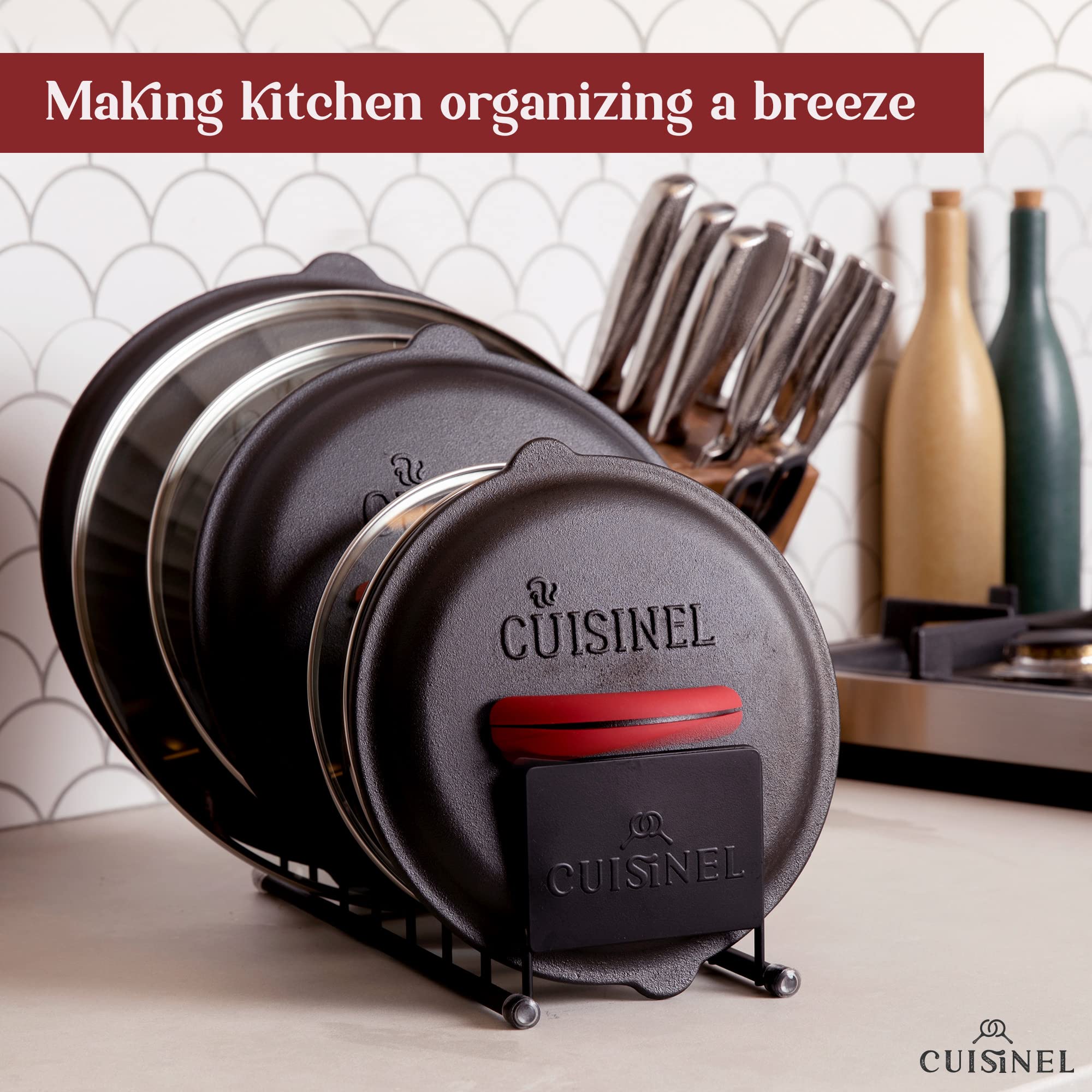 Cuisinel Heavy Duty Pan Organizer, 5 Tier Rack - Holds up to 50 LB - Holds Cast Iron Skillets, Griddles and Shallow Pots - Durable Steel Construction - Space Saving Kitchen Storage  - Acceptable