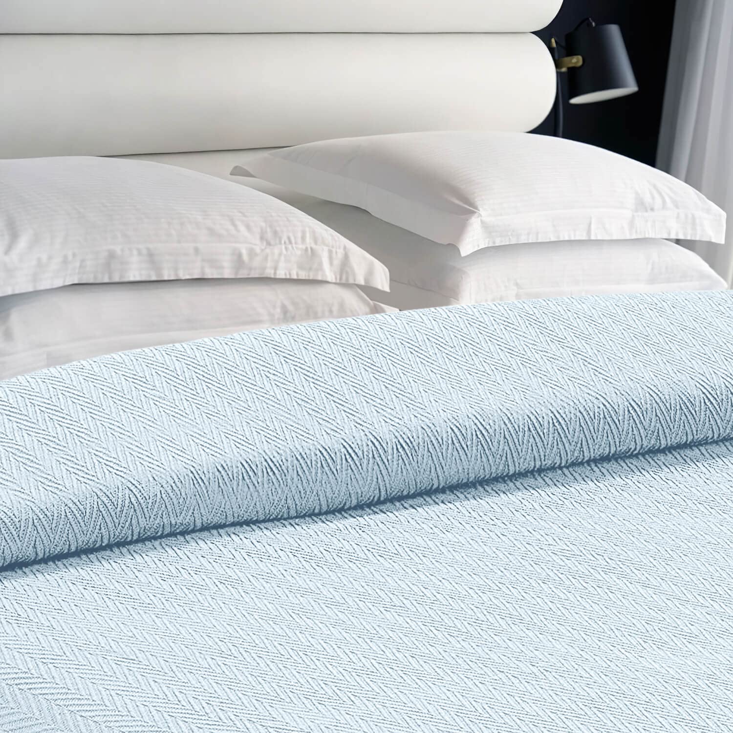 White Classic Queen Size Blanket for Bed, 100% Cotton Blankets Soft and Breathable, 410Gsm Waffle Lightweight Summer Blanket 90x90 Inches Light Blue  - Like New