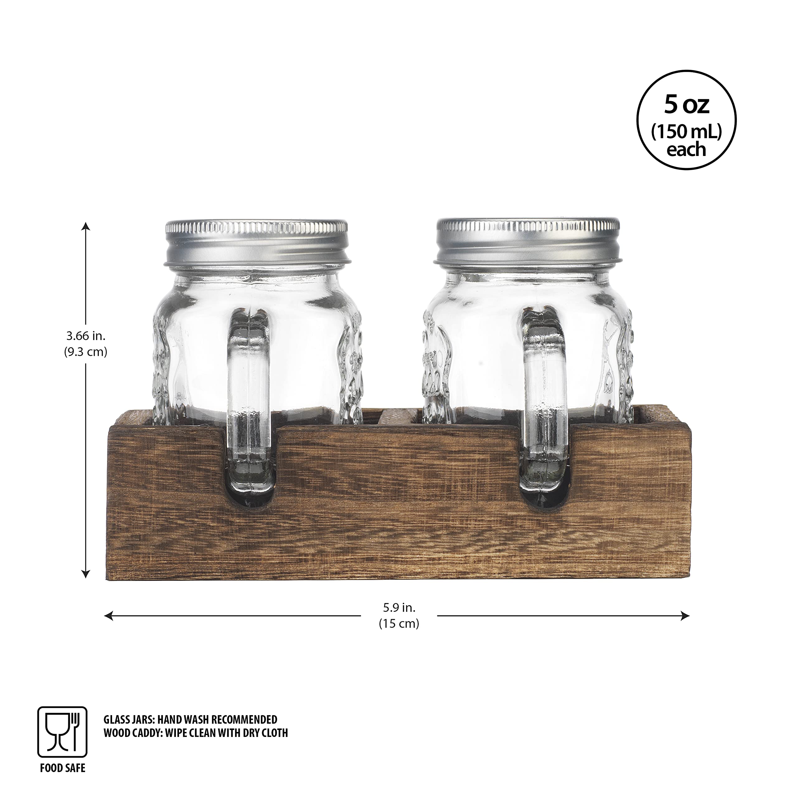 MosJos Mason Jar Salt and Pepper Shakers - Vintage Glass Condiment Dispenser Set with Wooden Holder Caddy - Farmhouse Kitchen Decor, Easy Refill 5-ounce Capacity with Stainless Steel Lids  - Acceptable