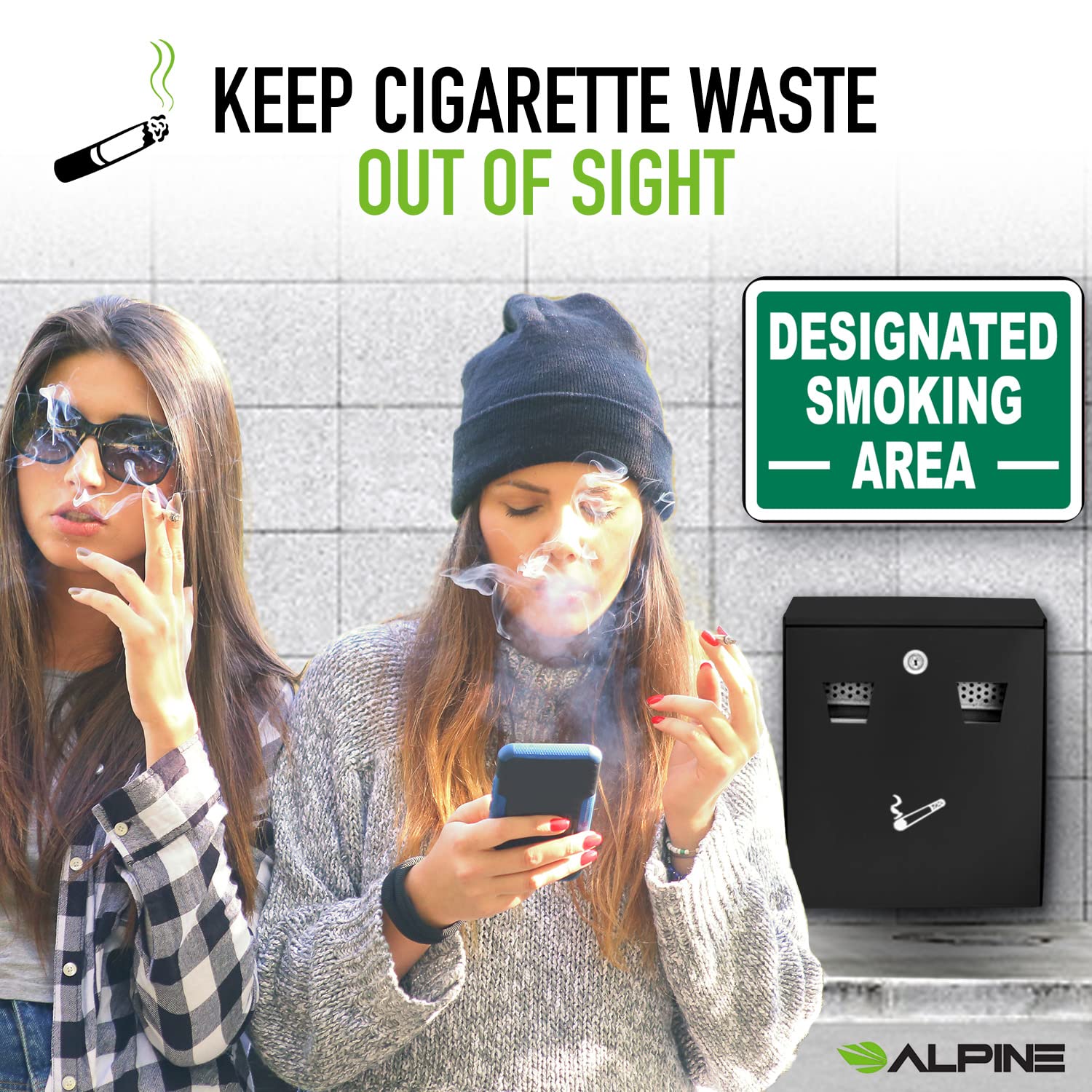 Alpine Cigarette Butt Disposal Outdoor - Outside Cigarette Butt Receptacle Wall Mounted Outpost with a Removable Ashtray Bin for Standing Smokers (Black)  - Like New