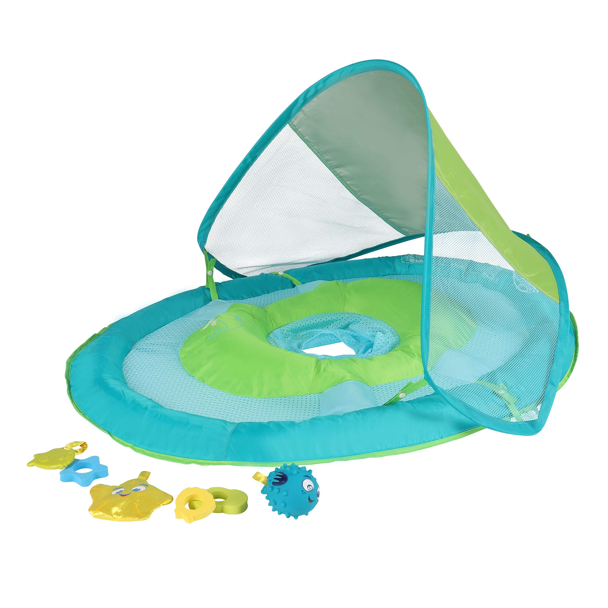 SwimWays Baby Spring Float with Canopy - Inflatable Float for Children with Detached Floating Toys and UPF Sun Protection - Aqua/Green