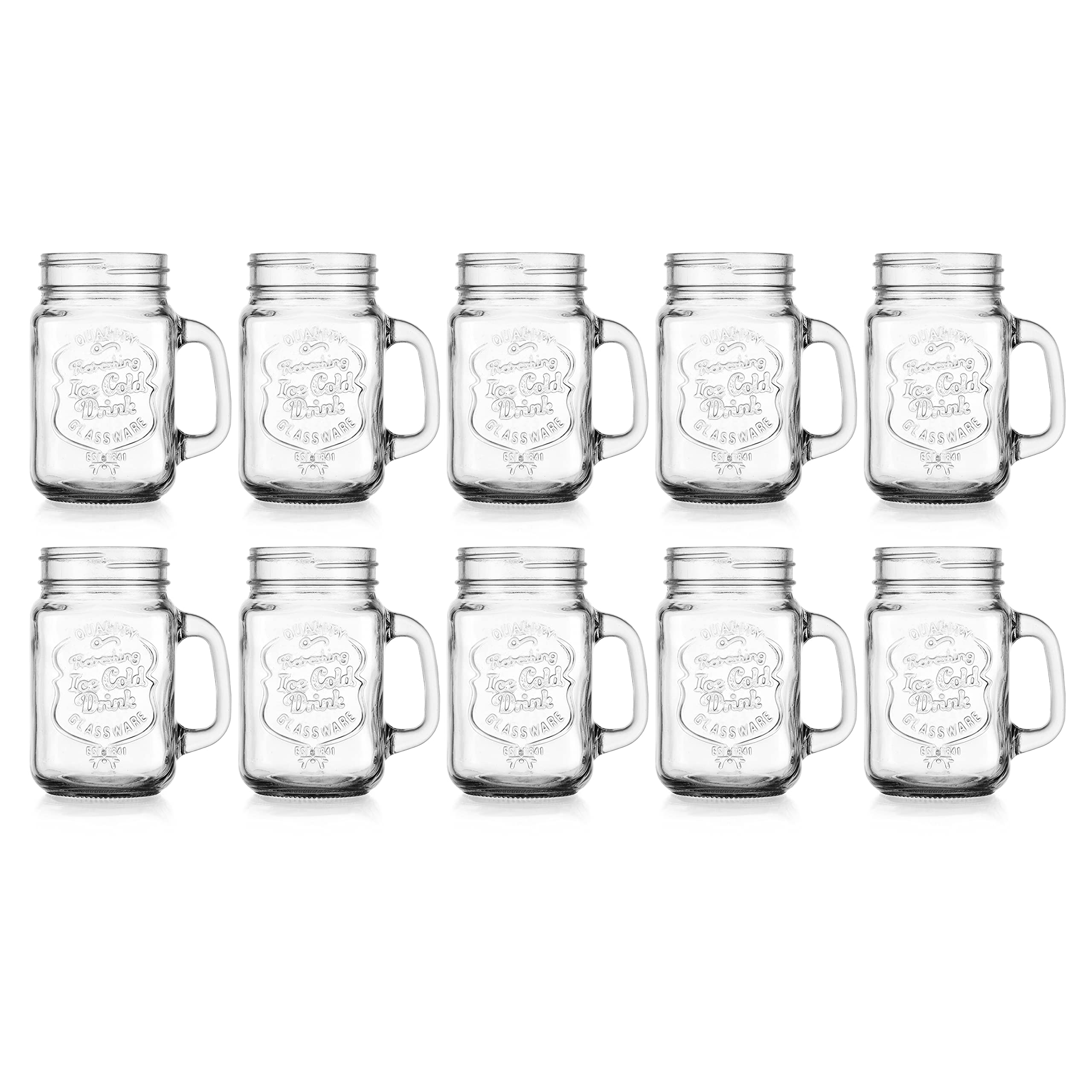 Glaver's Set of 10 Ice Cold 16 Oz. Mason Drinking Glasses With Handles. Quality Refreshing Ice Cold Embossed Logo Jars for Beverages, Cocktails, Shakes, Smoothies, Sodas, Juice.  - Very Good