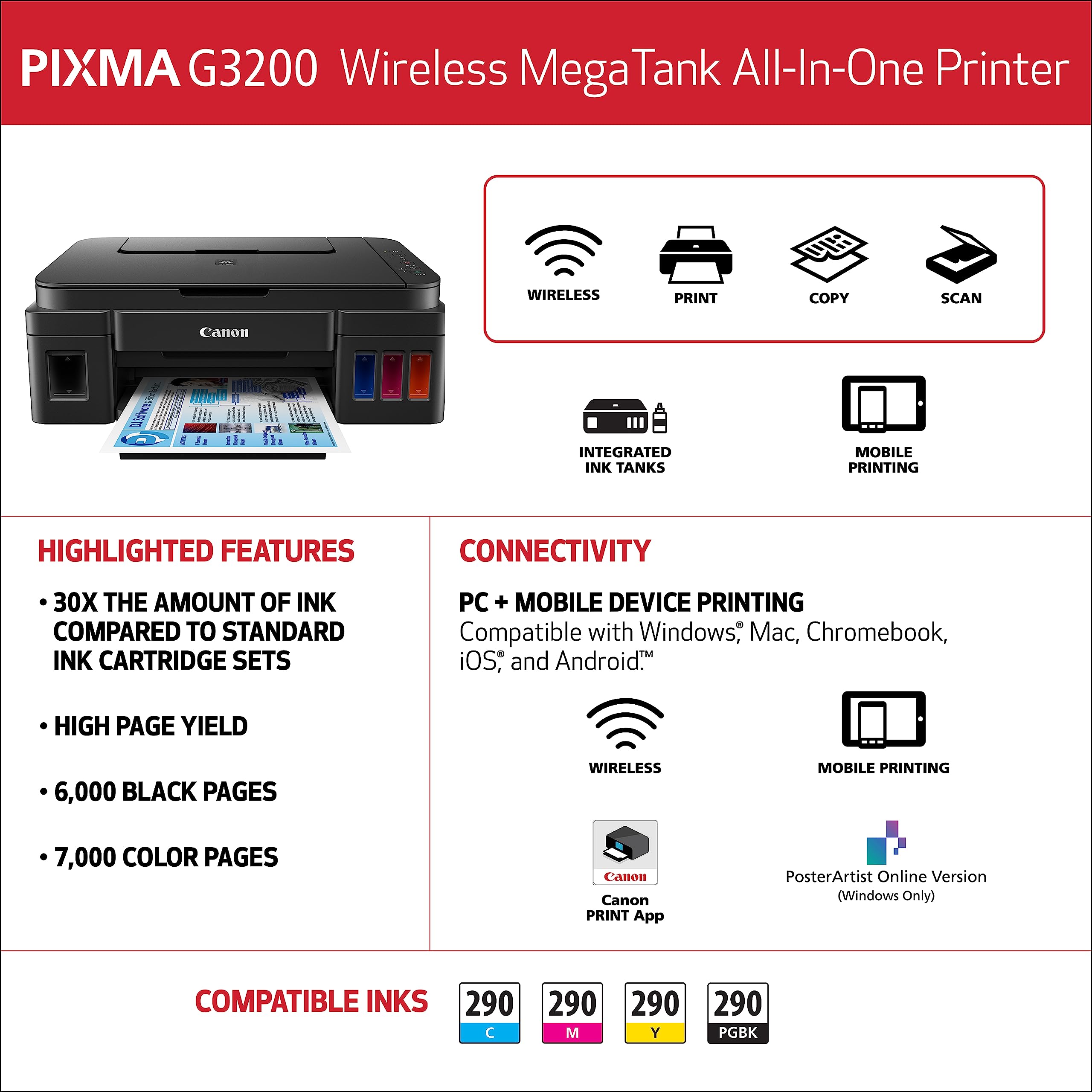 Canon G3200 All-In-One Wireless Supertank (MegaTank) Printer| Copier| Scanner| and Mobile Printing, Black, 6.5" x 17.6" x 13" (0630C002)  - Like New