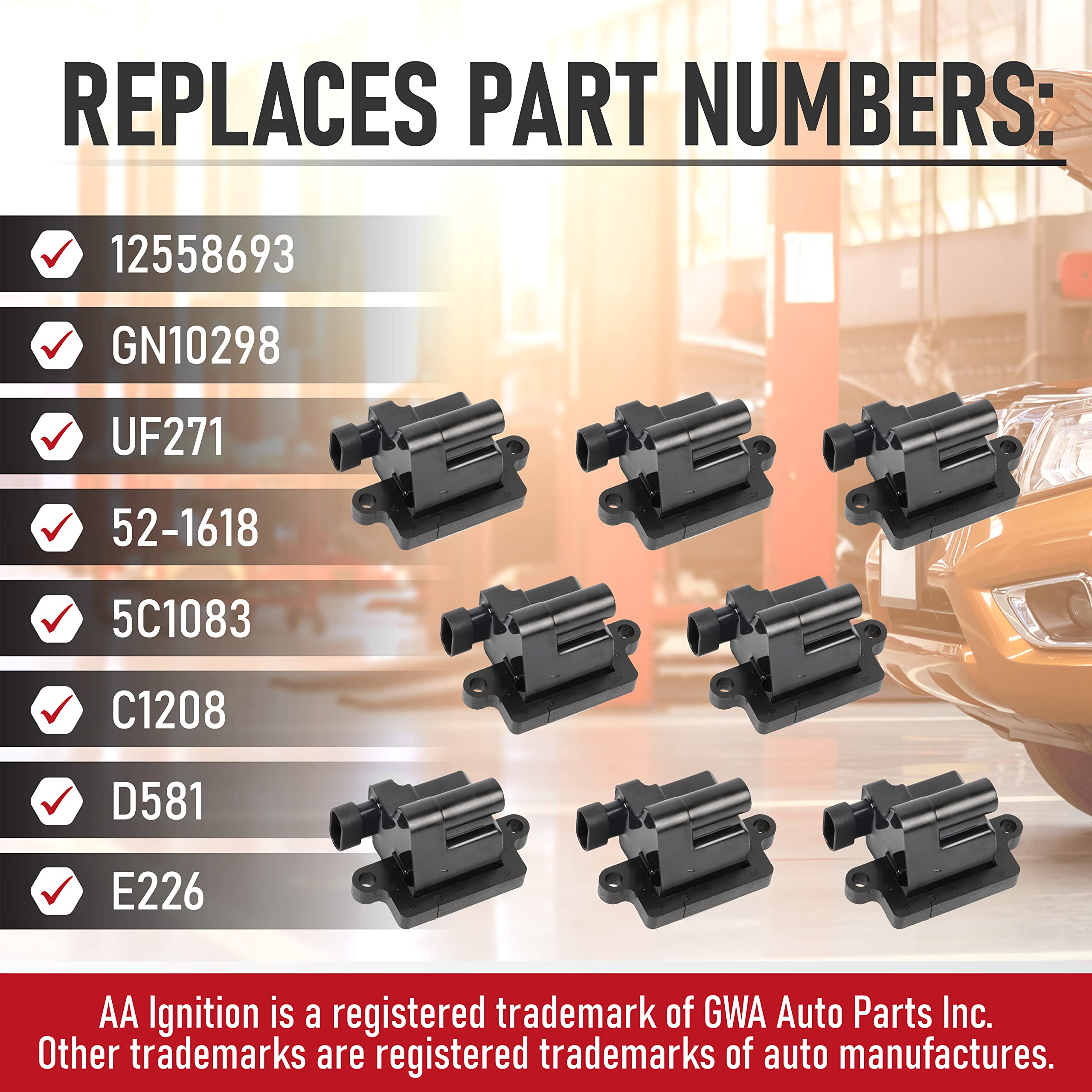 Ignition Coil Pack Set of 8 - Replaces 12558693, GN10298, C1208, D581 - Compatible with Cadillac, Chevy & GMC - Escalade, Silverado, Avalanche, Express 3500, Suburban, Tahoe, Sierra, Savana, Yukon  - Very Good