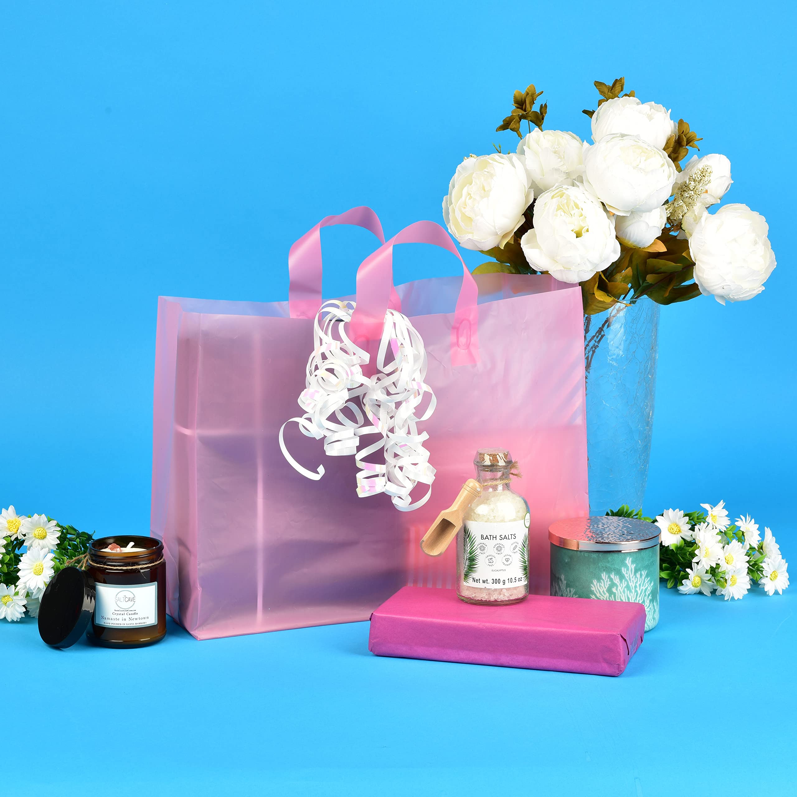 Pink Gift Bags - 100 Pack Large Clear Frosted Rose Plastic Plastic Bags with Handles & Cardboard Bottom, Shopping Bags for Small Business, Boutique, Retail, Merchandise, Take Out Bags, Bulk - 16x6x12