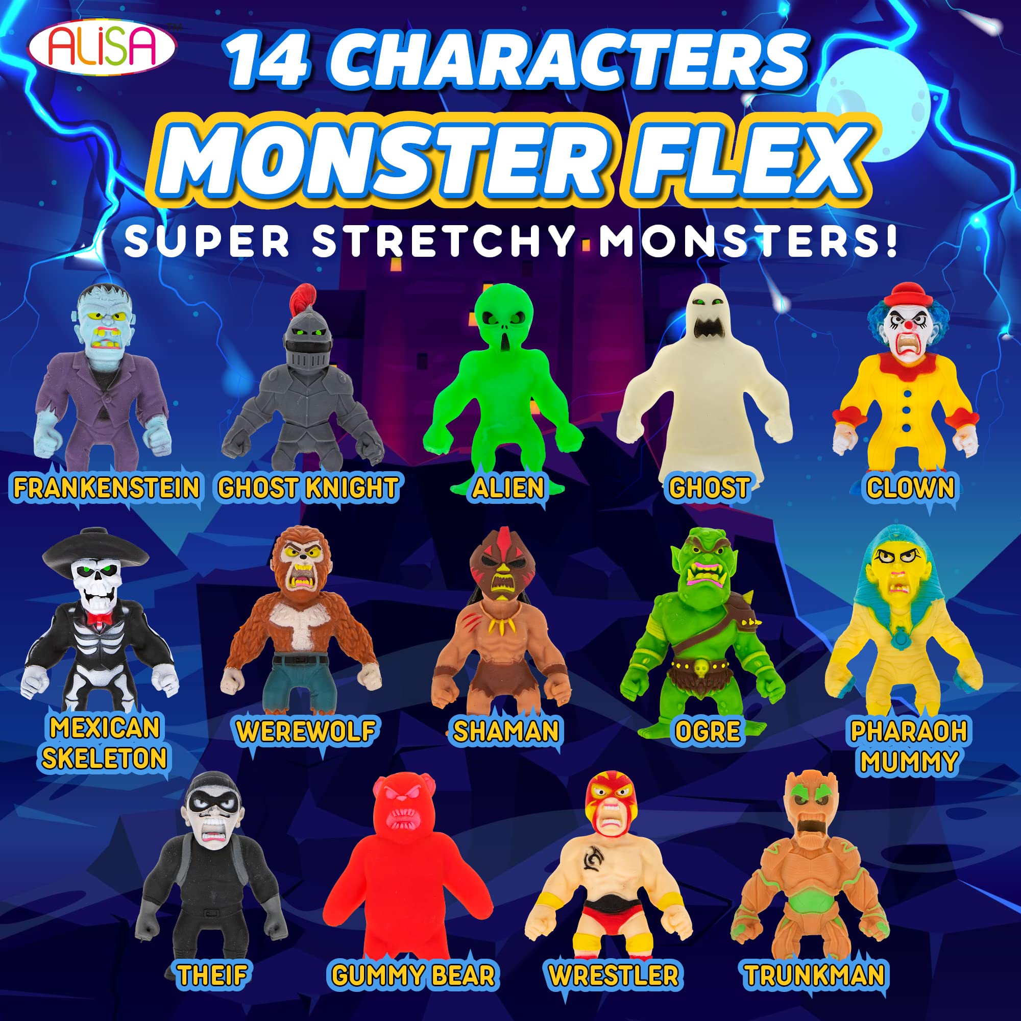 ALISA Monster Flex Stretchy Toys for Boys and Girls - 14 Unique Spooky Stretch Monsters - Monster Stretch Guy Toys for Kids Birthday Gift Party Favors, Sensory Fidget Stress Toys for Kids - Series 3