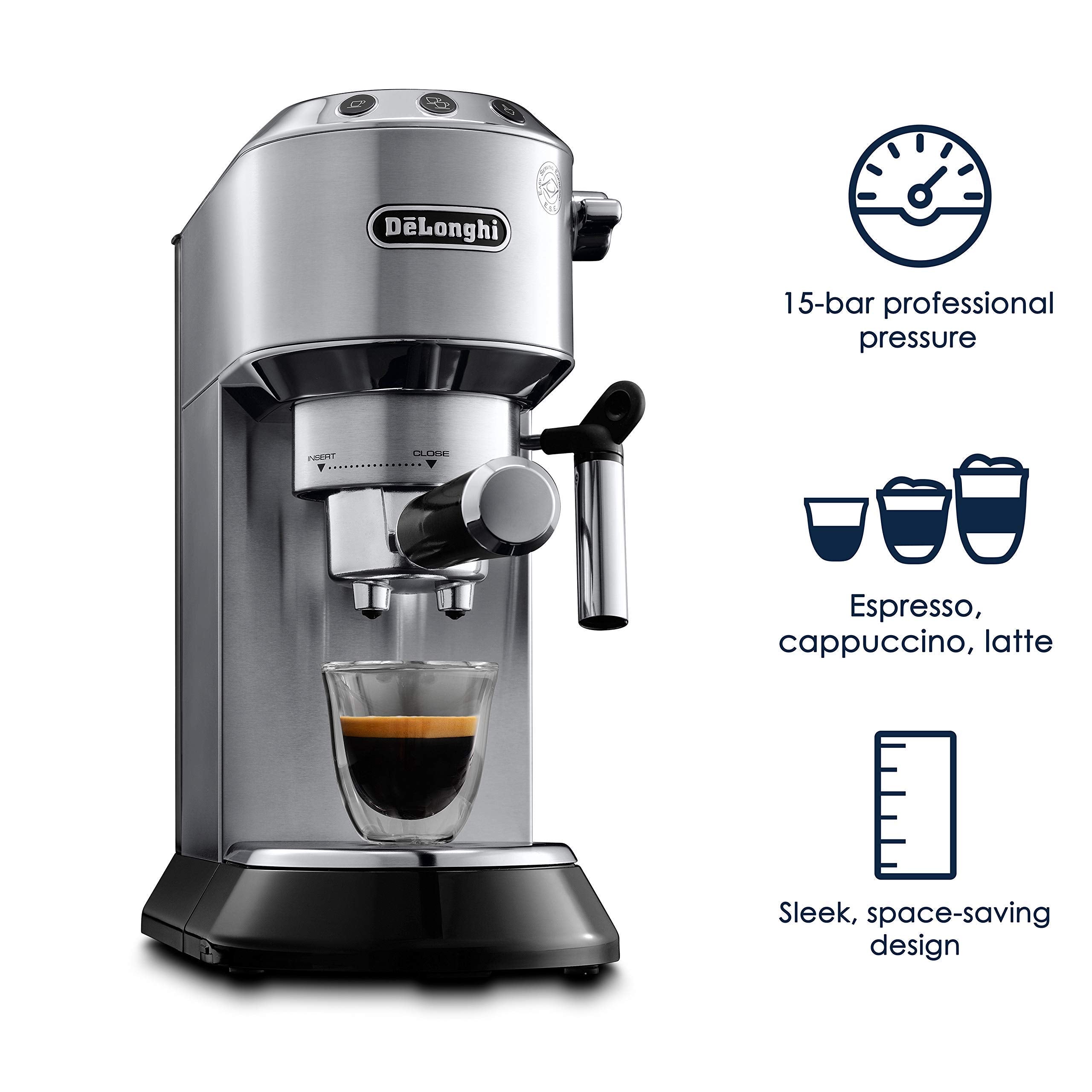 De'Longhi Dedica EC680M, Espresso Machine, Coffee and Cappucino Maker with Milk Frother, Metal / Stainless, Compact Design 6 in Wide, Fit Mug Up to 5 in  - Like New