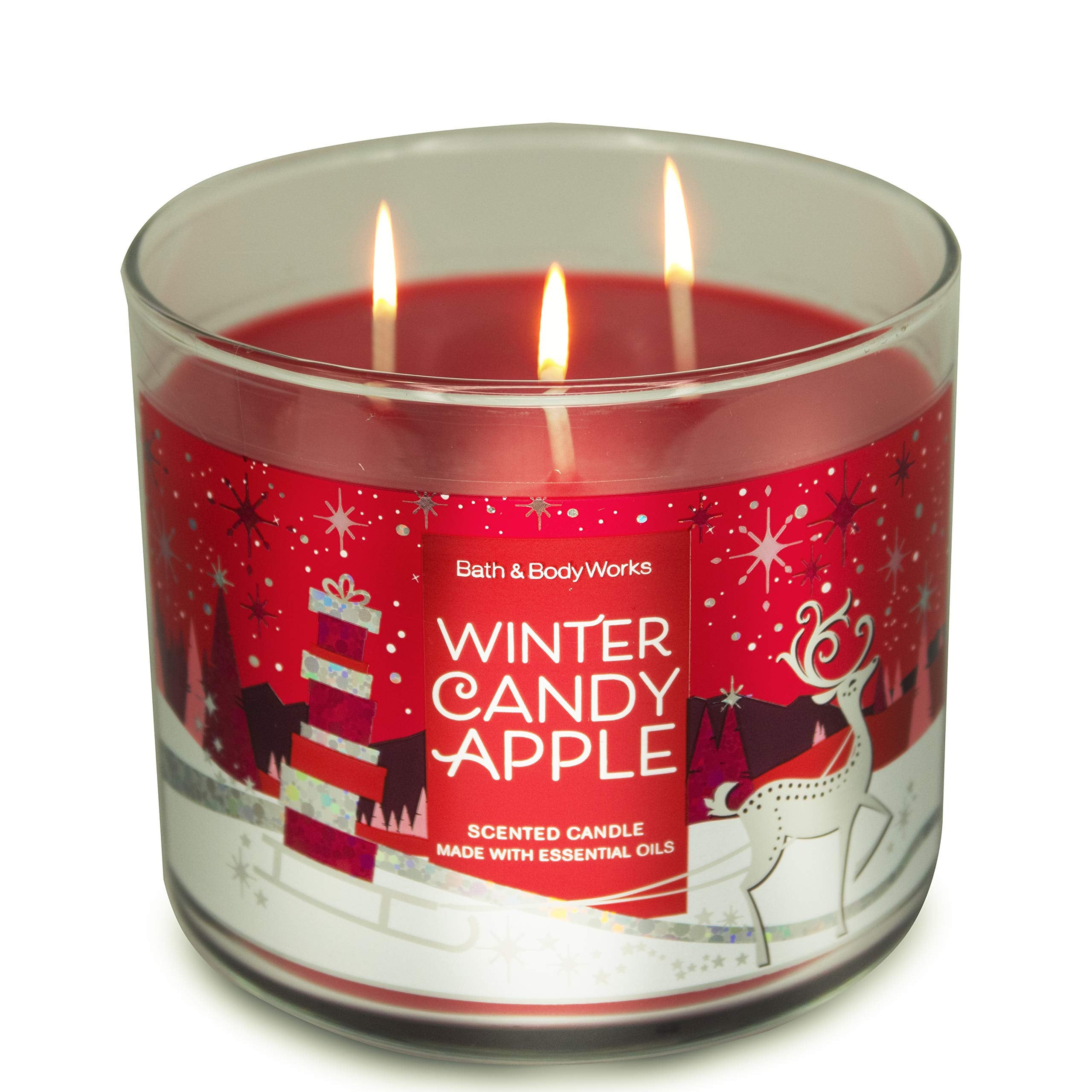 White Barn Bath and Body Works, 3-Wick Candle w/Essential Oils - 14.5 oz - 2020 Holidays Scents! (Winter Candy Apple), Red Soy Wax, Red and White Jar Print, Gold Lid, Transparent Glass