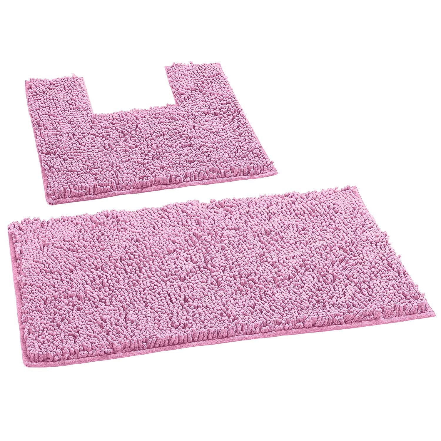 Pink Bathroom Rugs Chenille 2-Piece Bath Mat Set, Soft Plush Bath Rug +Toilet Mat.1'' Microfiber Shaggy Carpet, Super Absorbent Machine Washable (Curved Set Square, Pink)  - Like New