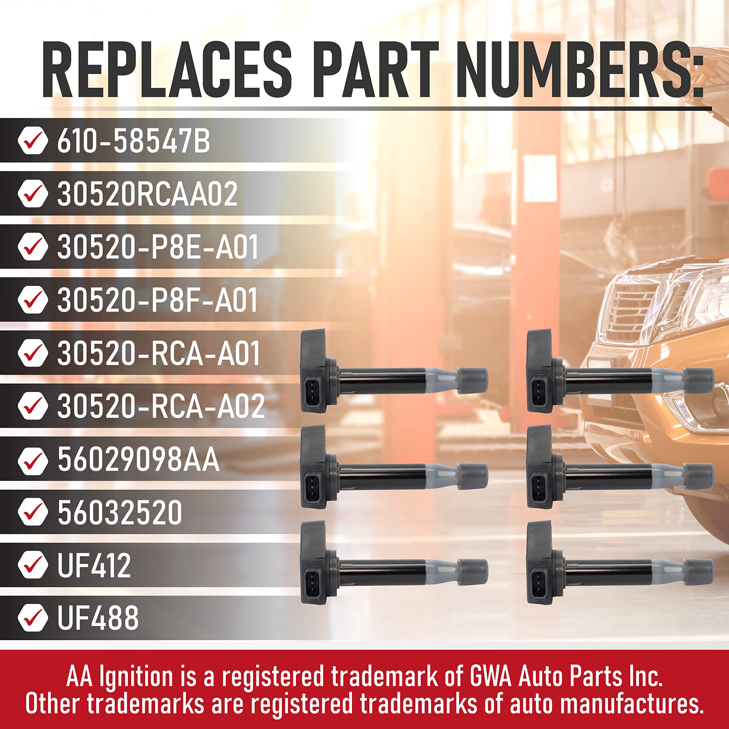 Ignition Coil Pack Set of 6 - Compatible with Honda, Acura, Saturn Vehicles - TL 3.2 V6 1999-2008 - CL, RL 2005-2011 - Odyssey 1999-2010 - Accord V6 - Replaces 610-58547B, 30520-RCA-A02  - Very Good