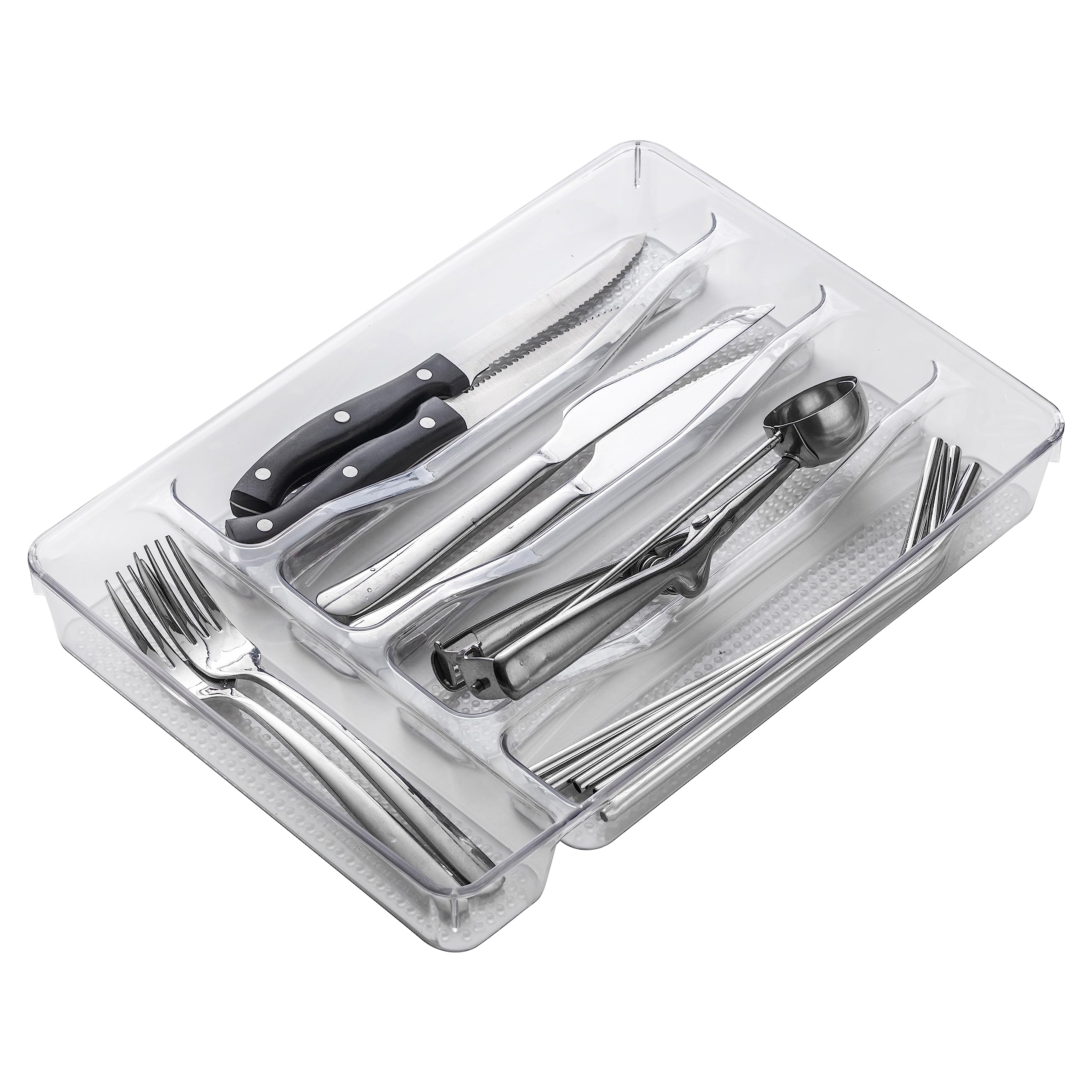 SIMPLEMADE Large Silverware Tray Organizer, 5-Compartments, Non-Slip Lining for Kitchen Drawer Flatware (Clear)  - Like New