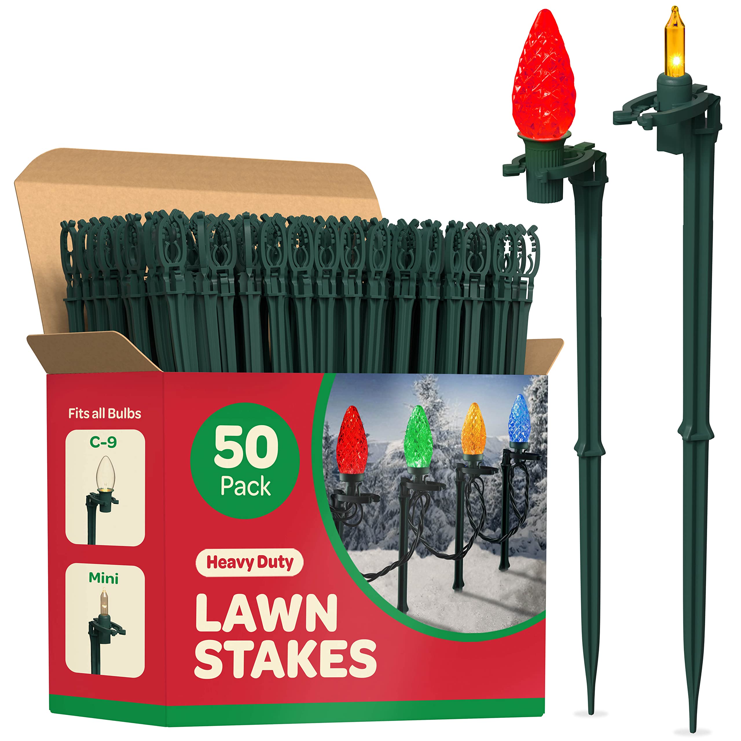 Christmas Light Yard Stakes [Set of 50] Outdoor Light Stakes - 8.5" Tall - Universal Christmas Pathway Lights On Yards, Driveways - Christmas Yard Stakes - Driveway Christmas Light Stakes - USA Made  - Like New