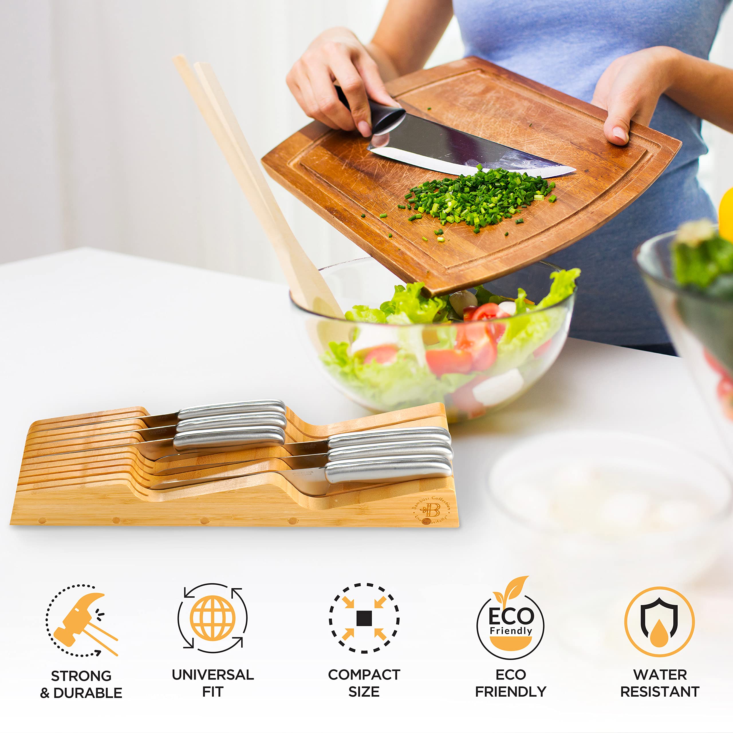 Bamb�si In-Drawer Knife Block - Bamboo Knife Drawer Organizer for Kitchen | Fits 5 Long + 6 Short Knives | Store Knives with Blades Pointing Down - Wooden Steak knife Holder without Knives  - Very Good