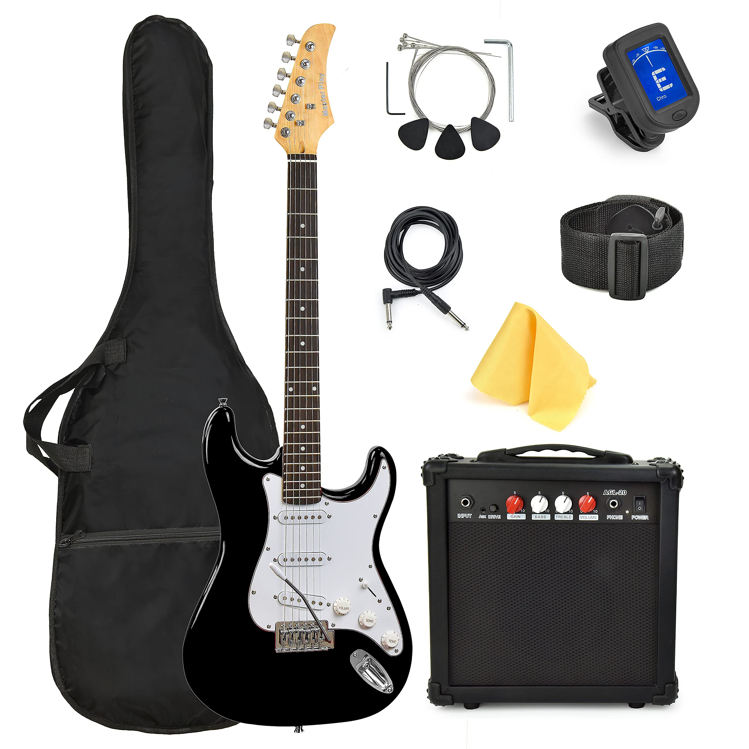 Master Play 39 Inch Electric Guitar,For Kids/beginner With Complete Starter Kit, 20 Watt Amp, 6 Extra String, Picks, Gig Bag, Shoulder Strap, Digital tuner, Cable, Wash Cloth  - Like New