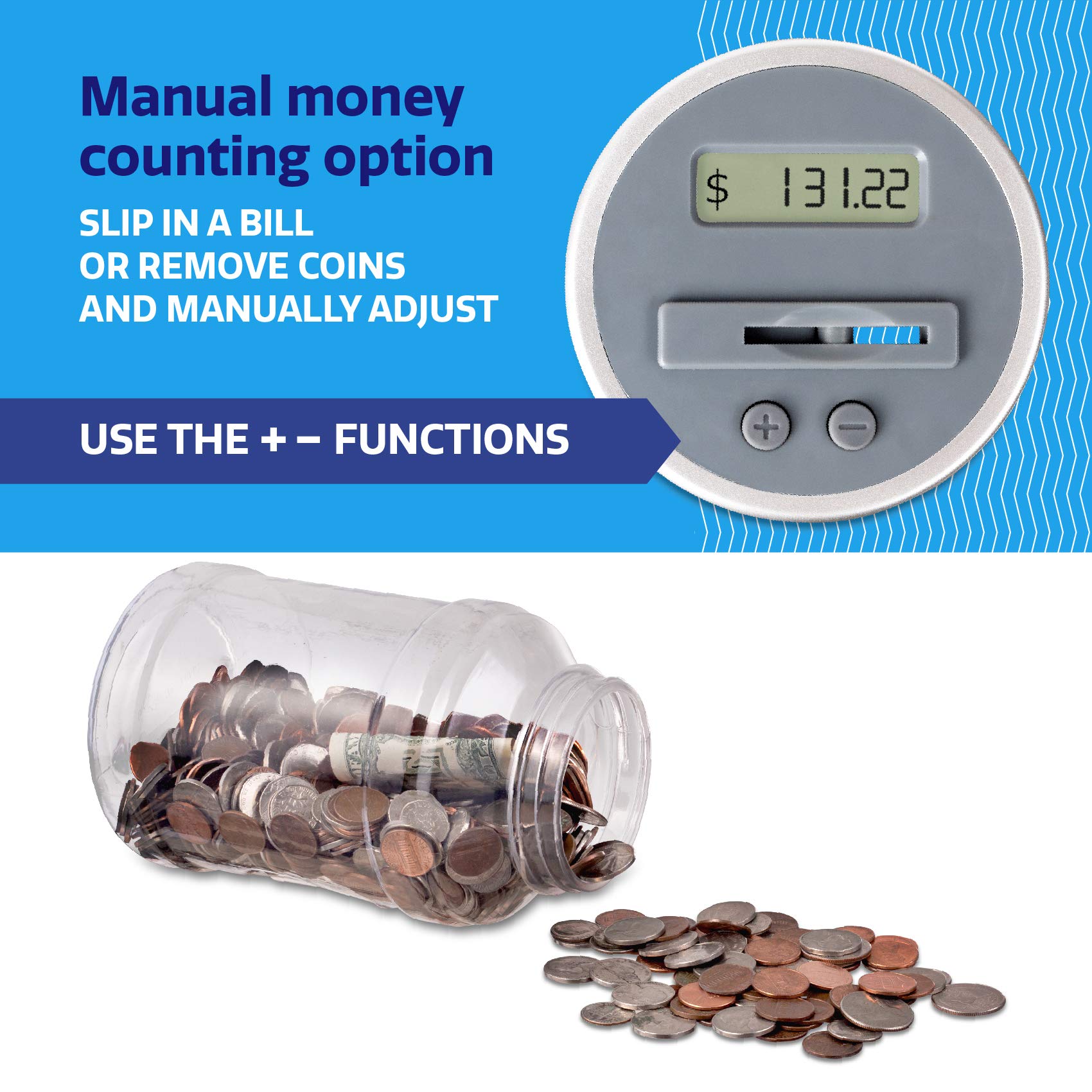 M&R Digital Counting Coin Bank. Batteries Included! Personal Coin Counter/Money Clear jar, Silver Top totals up Your Savings- Works with All U.S. Coins-in Retail Packaging.  - Like New
