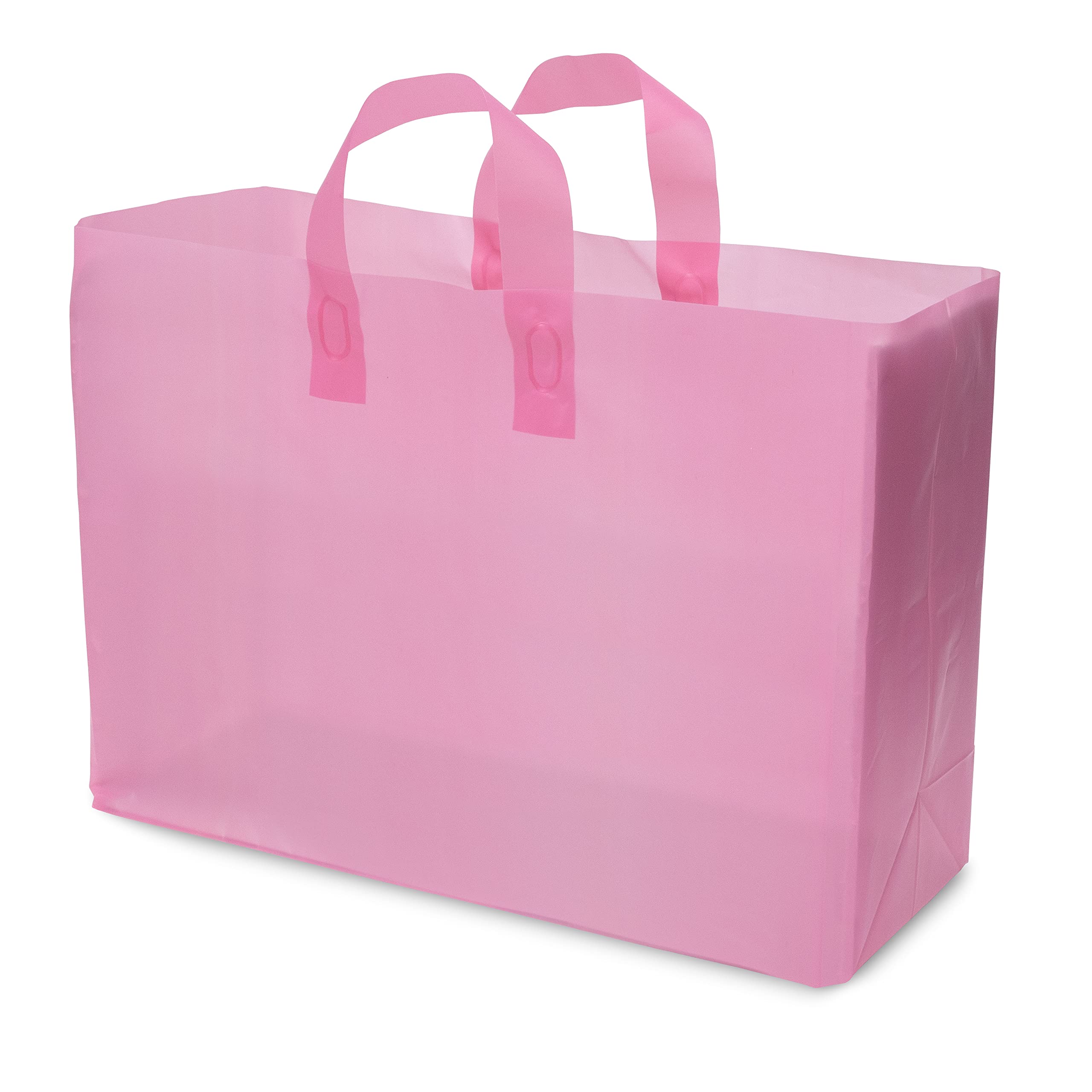 Pink Gift Bags - 100 Pack Large Clear Frosted Rose Plastic Plastic Bags with Handles & Cardboard Bottom, Shopping Bags for Small Business, Boutique, Retail, Merchandise, Take Out Bags, Bulk - 16x6x12