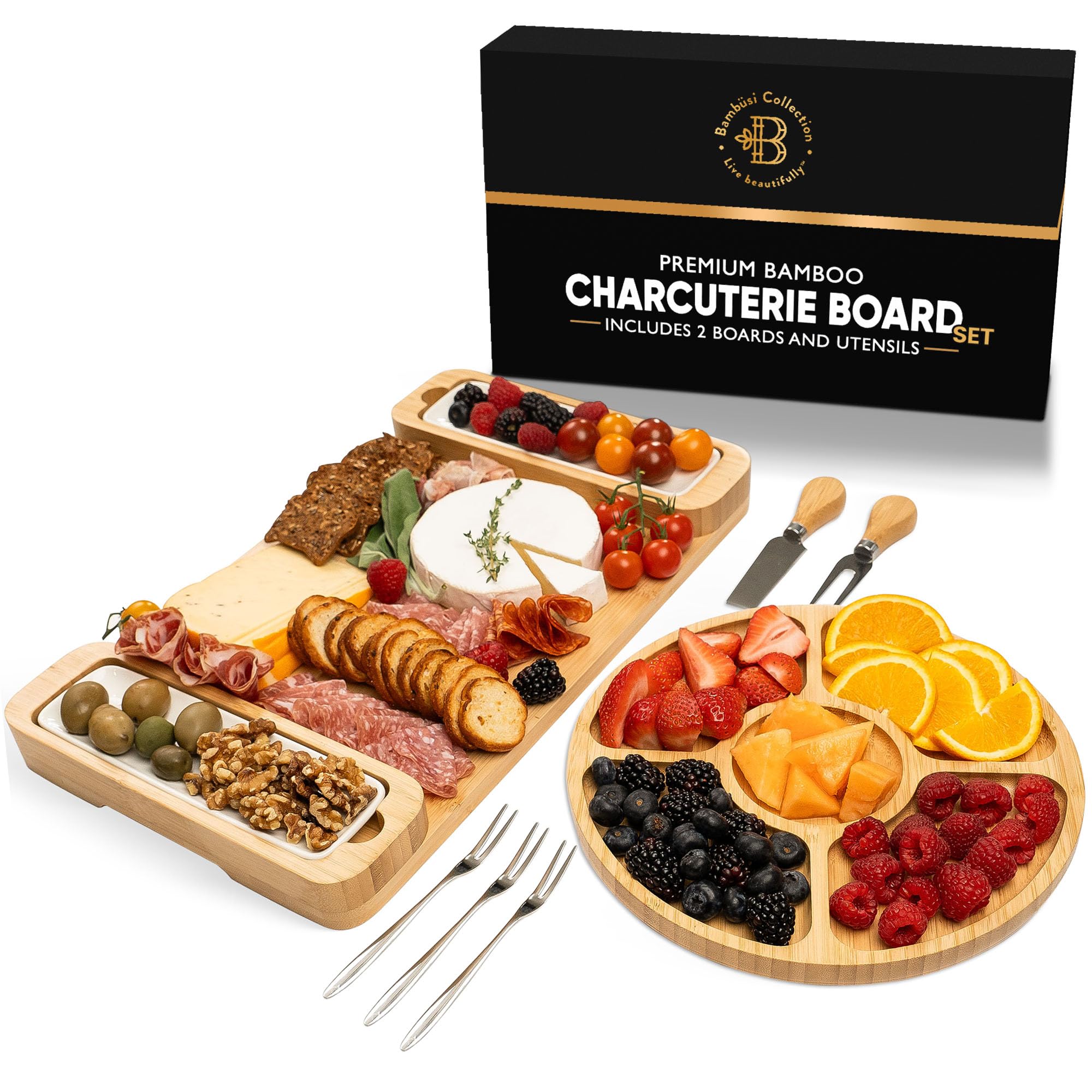 Bamb�si Charcuterie Board Gift Set - Serveware Accessories, Cheese Board & Serving Tray - Large Bamboo Charcuterie Boards - Housewarming Gifts New Home, Wedding Gifts for Women  - Like New