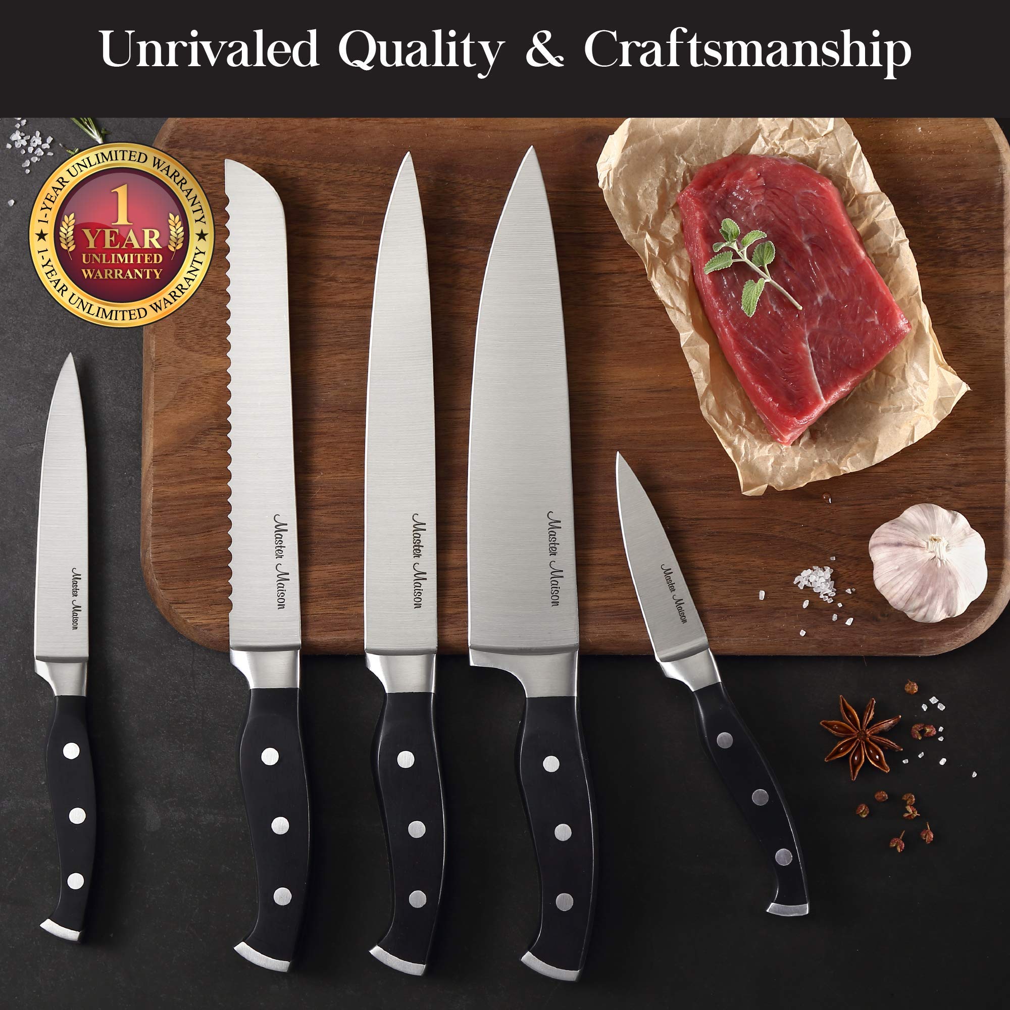 Premium Kitchen Knife Set With Wooden Block | Master Maison German Stainless Steel Cutlery With Knife Sharpener & 8 Steak Knives  - Acceptable