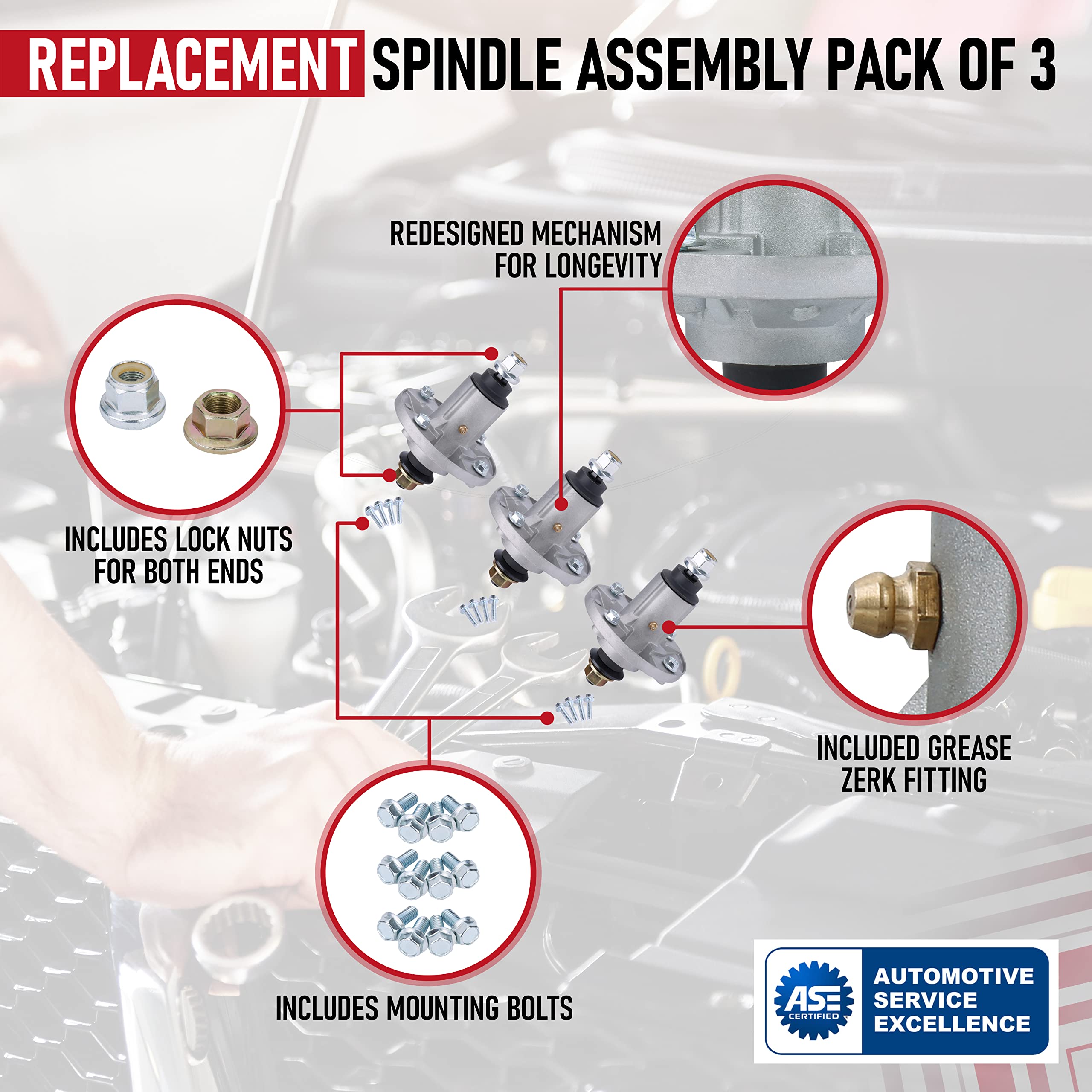 Replacement Spindle Assembly Pack of 3 - Compatible with John Deere 42", 48", 54" Deck Lawn Mowers - LA100-LA165, D100-F160, X105, X106, X110, X120 - Replaces GY20454, GY20867, GY20962, GY21098  - Acceptable