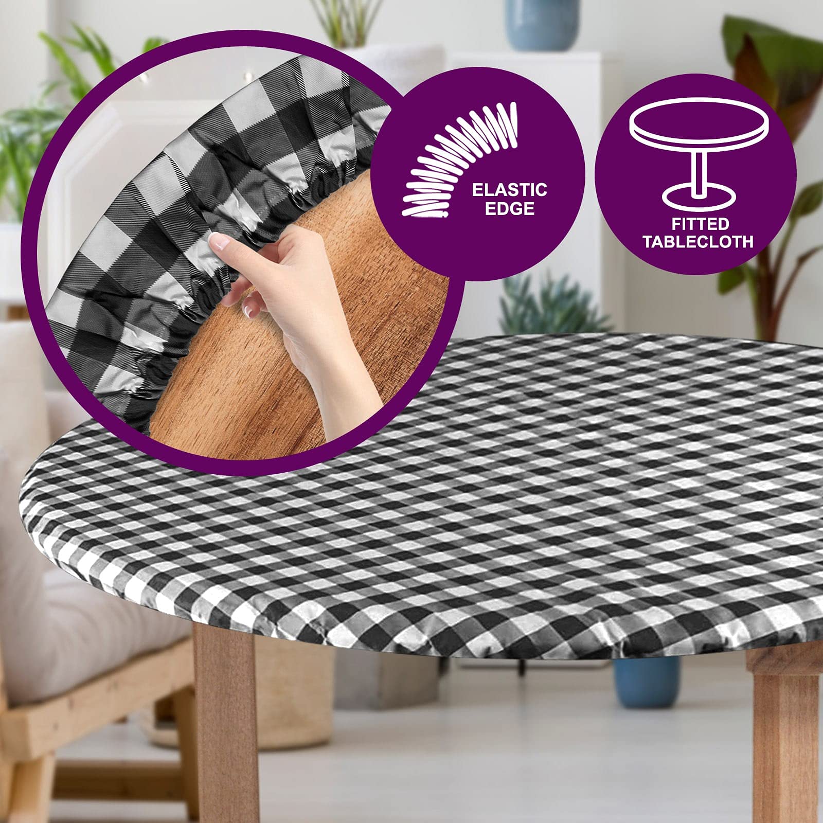 Sorfey Round Tablecloth -Fitted with Elastic, Vinyl with Flannel Back, Fits for Table 60 Inches Round,Water Proof, Easy to Clean, Checked Yellow Design  - Like New