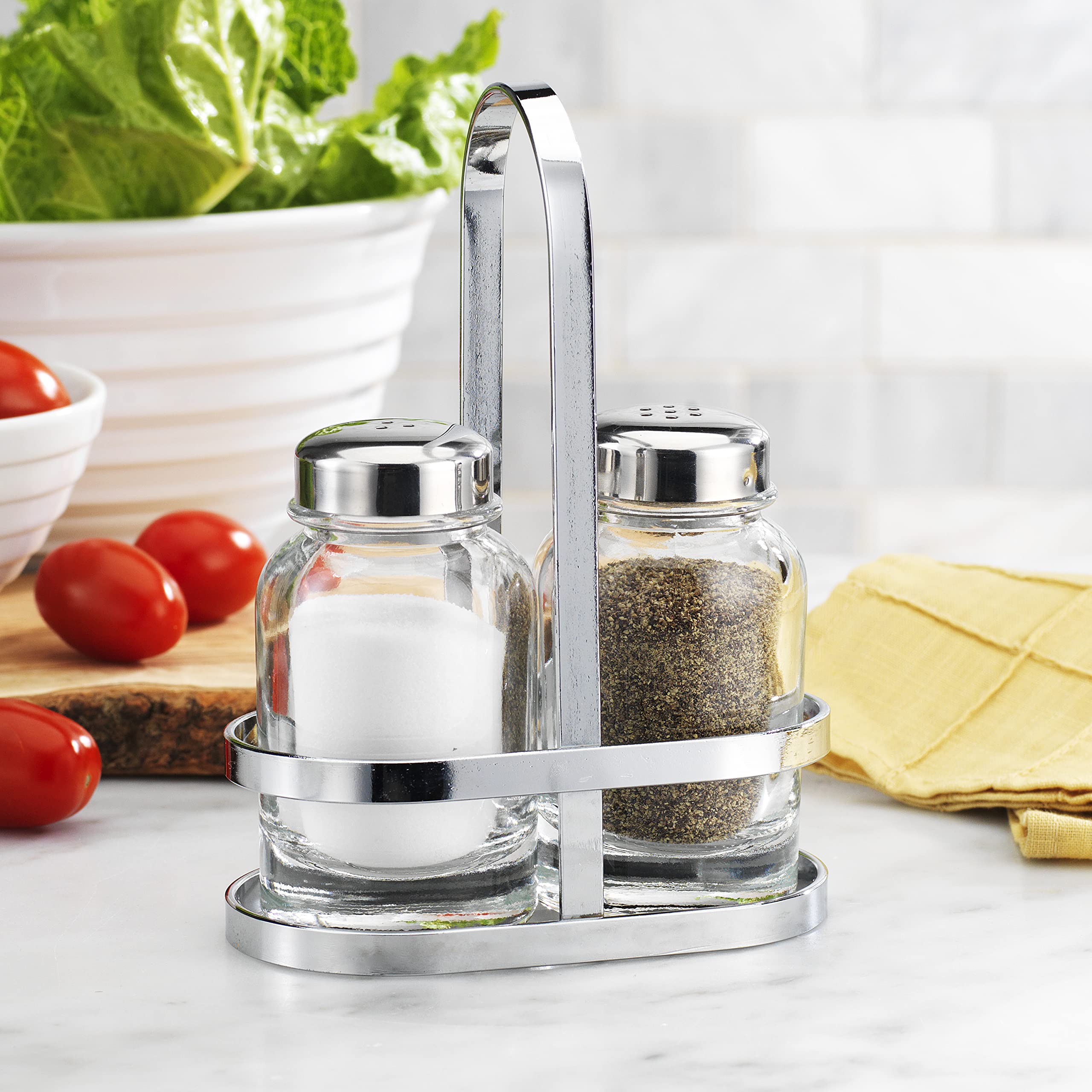 MosJos Glass Salt and Pepper Shakers - Premium Condiment Dispenser Set with Elegant Stainless Steel Lids & Holder for Vintage Farmhouse Kitchen Decor  - Like New