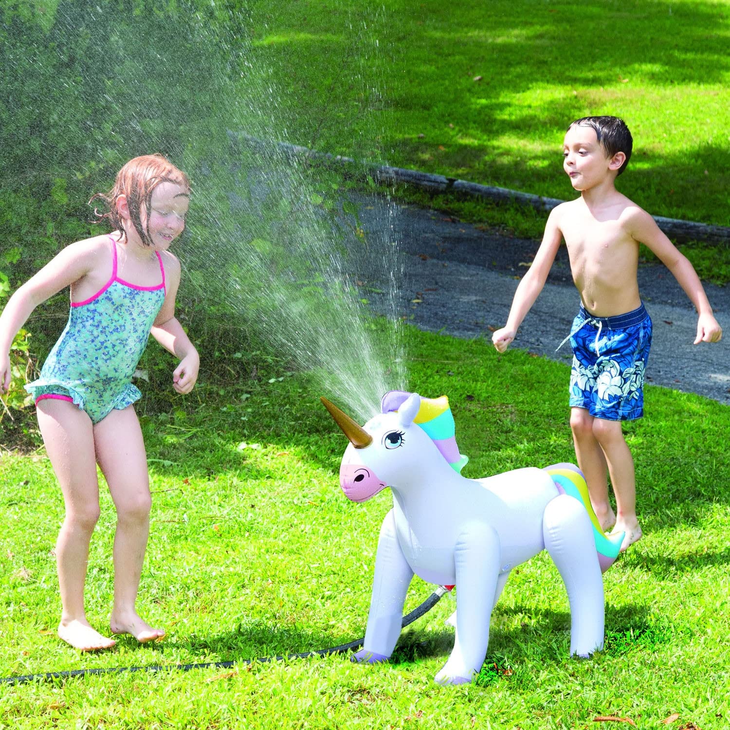 Etna Inflatable Unicorn Sprinkler - Fun Outdoor Water Toy for Kids Attaches to Garden Hose, 33 1/2" High