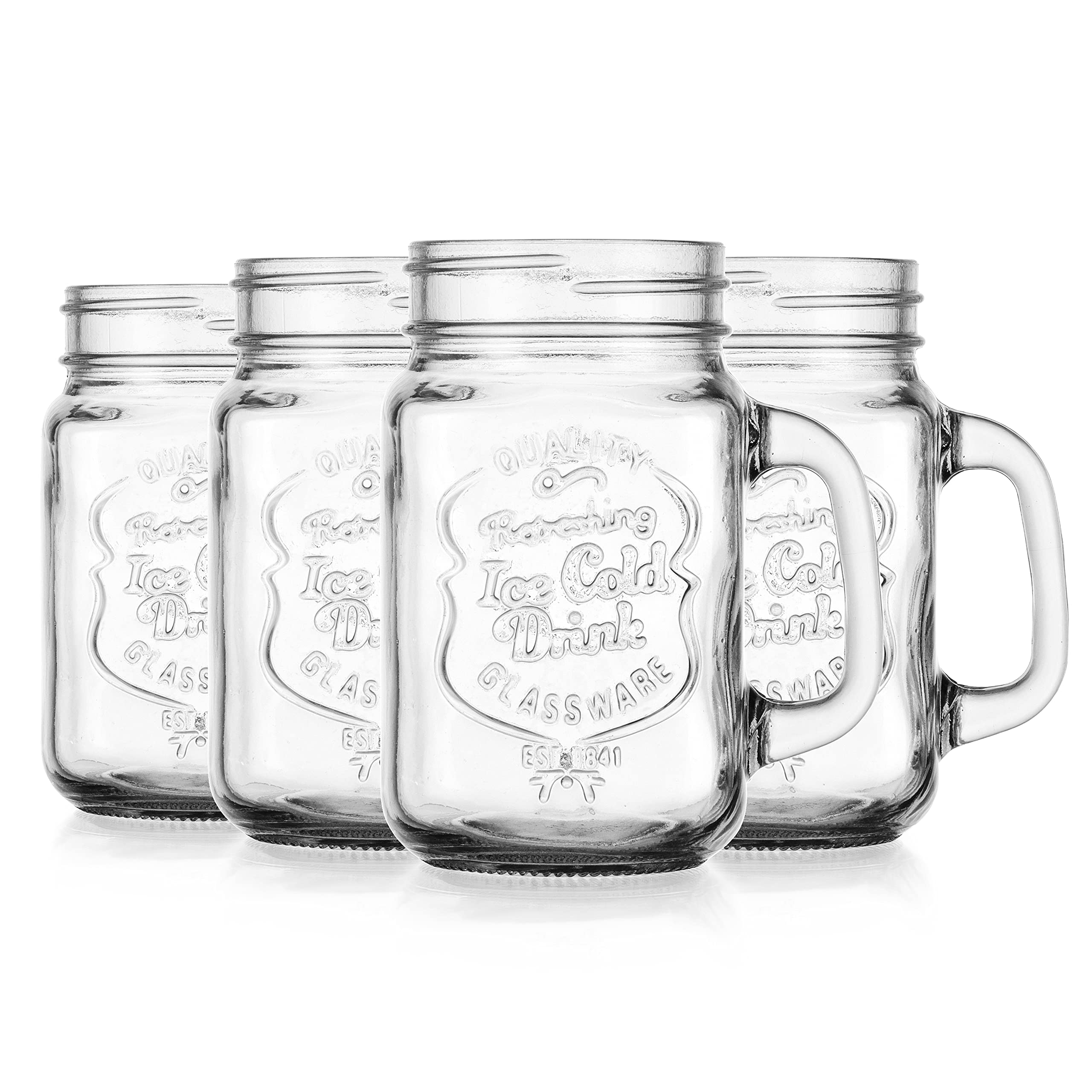 Glaver's Ice Cold 16 Oz. Mason Drinking Glasses With Handles. Quality Refreshing Ice Cold Embossed Logo Jars for Beverages, Cocktails, Shakes, Smoothies, Sodas, Juice.  - Like New