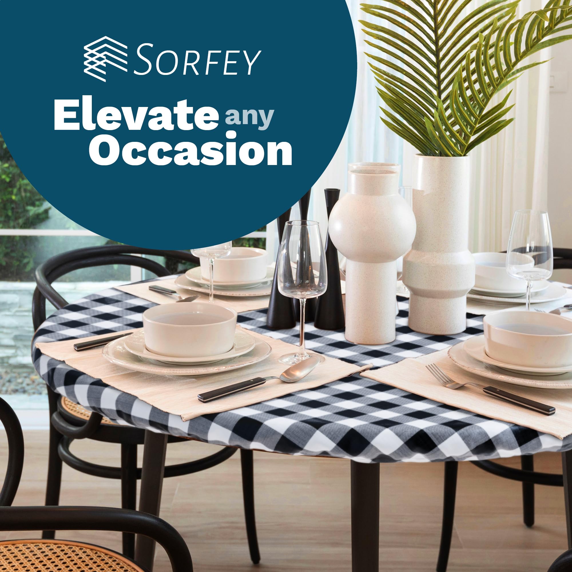 Sorfey Tablecover -Fitted with Elastic, Vinyl with Flannel Back, Fits for Table 42" Up-to 54" Round Stretchable Conveniently,Water Proof, Easy to Clean, Checked Red Design  - Like New