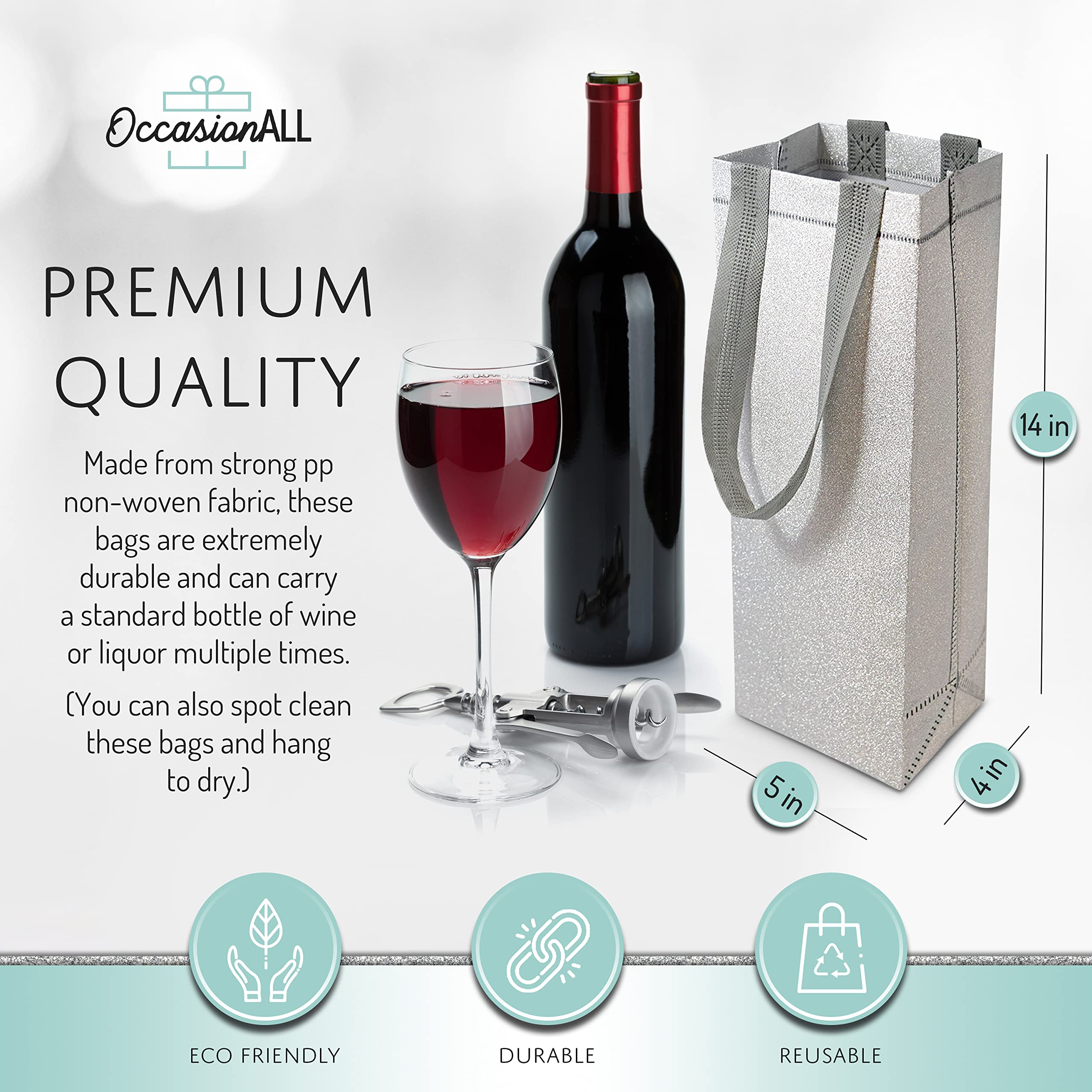 OccasionALL 5x4x14 12 Piece Large Wine Gift Bags with Handles, Silver Reusable Wine Bags, Bottle Box, Christmas Bottle Bags for Alcohol Champagne Wine  - Like New